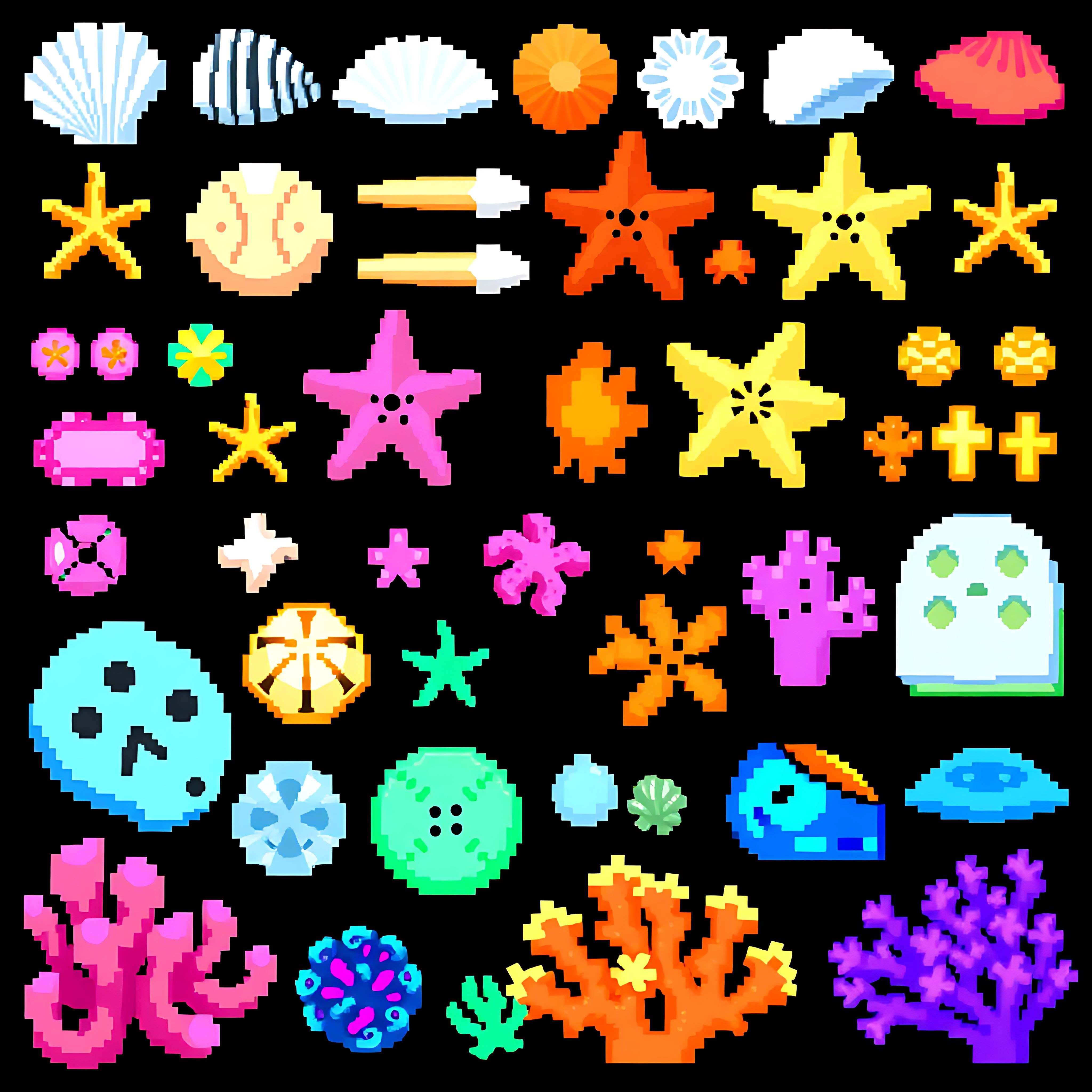 aaseashells starfish sand dollars coral. pixelated seashells in different shapes starfish with blocky pixel 07 604
