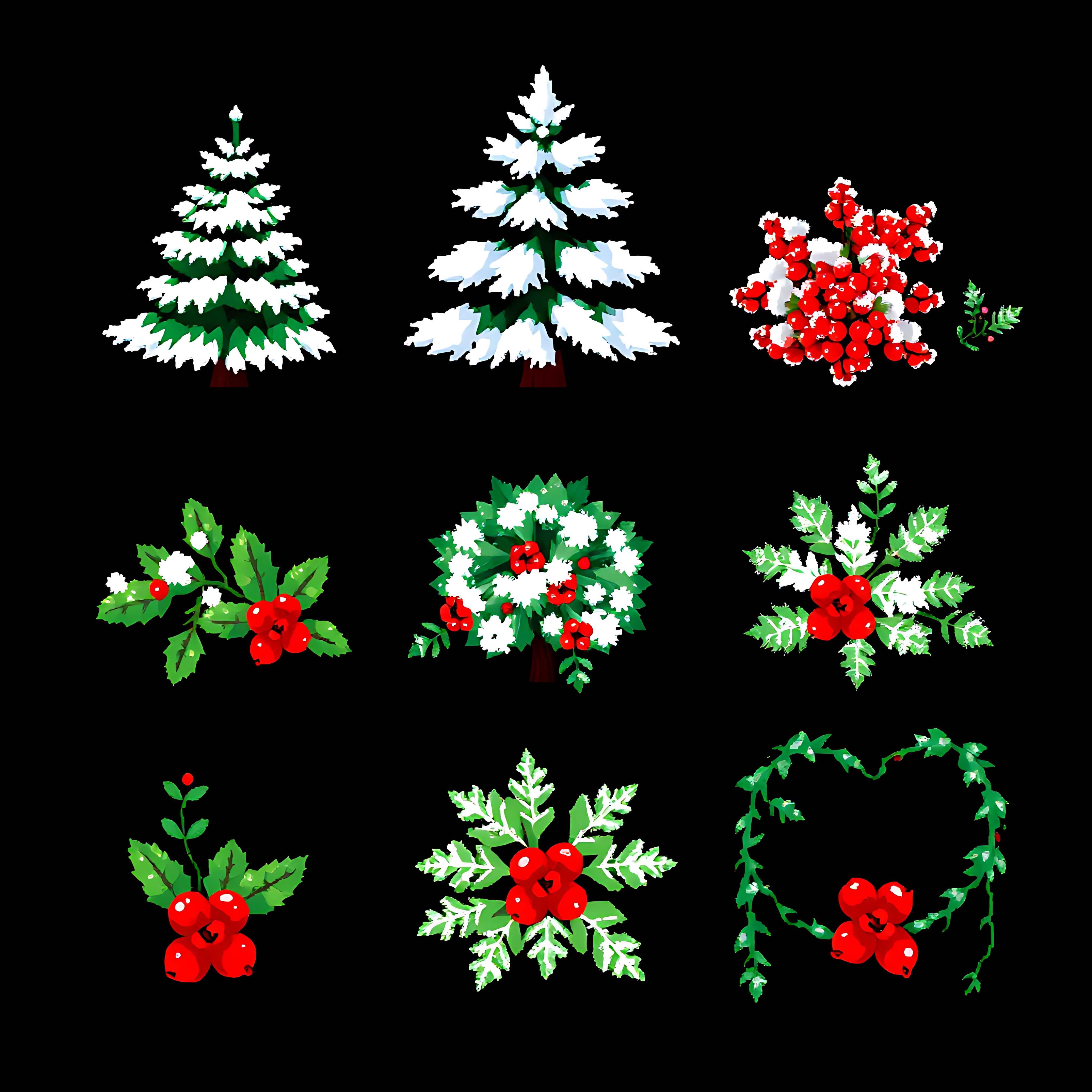 aasnow covered pine holly bushes mistletoe ivy vines. pixel pine trees dusted with snow holly bushes with b 08 410