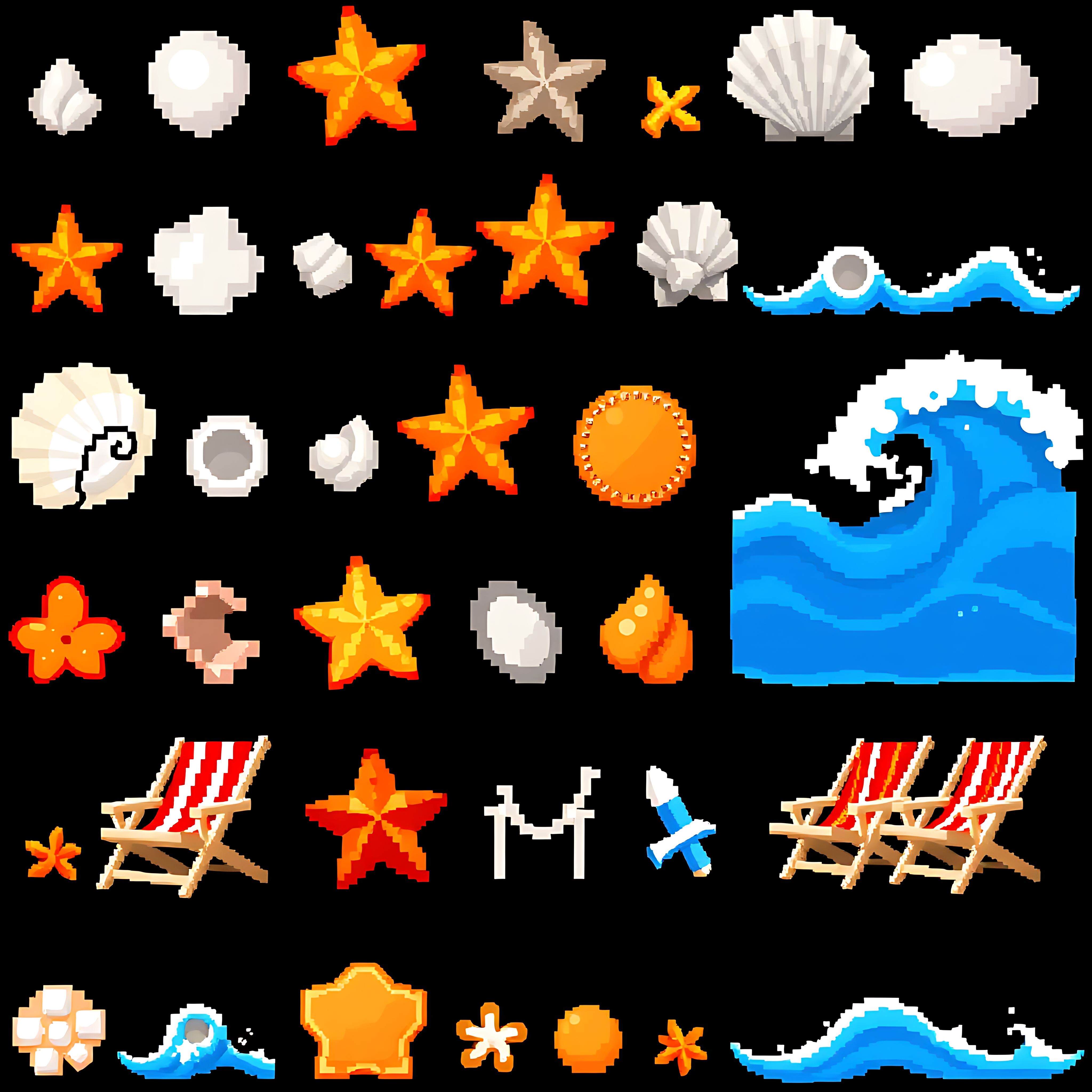 aastarfish shells ocean waves beach chairs. pixelated starfish in orange tones shells with white and gray p 10 258