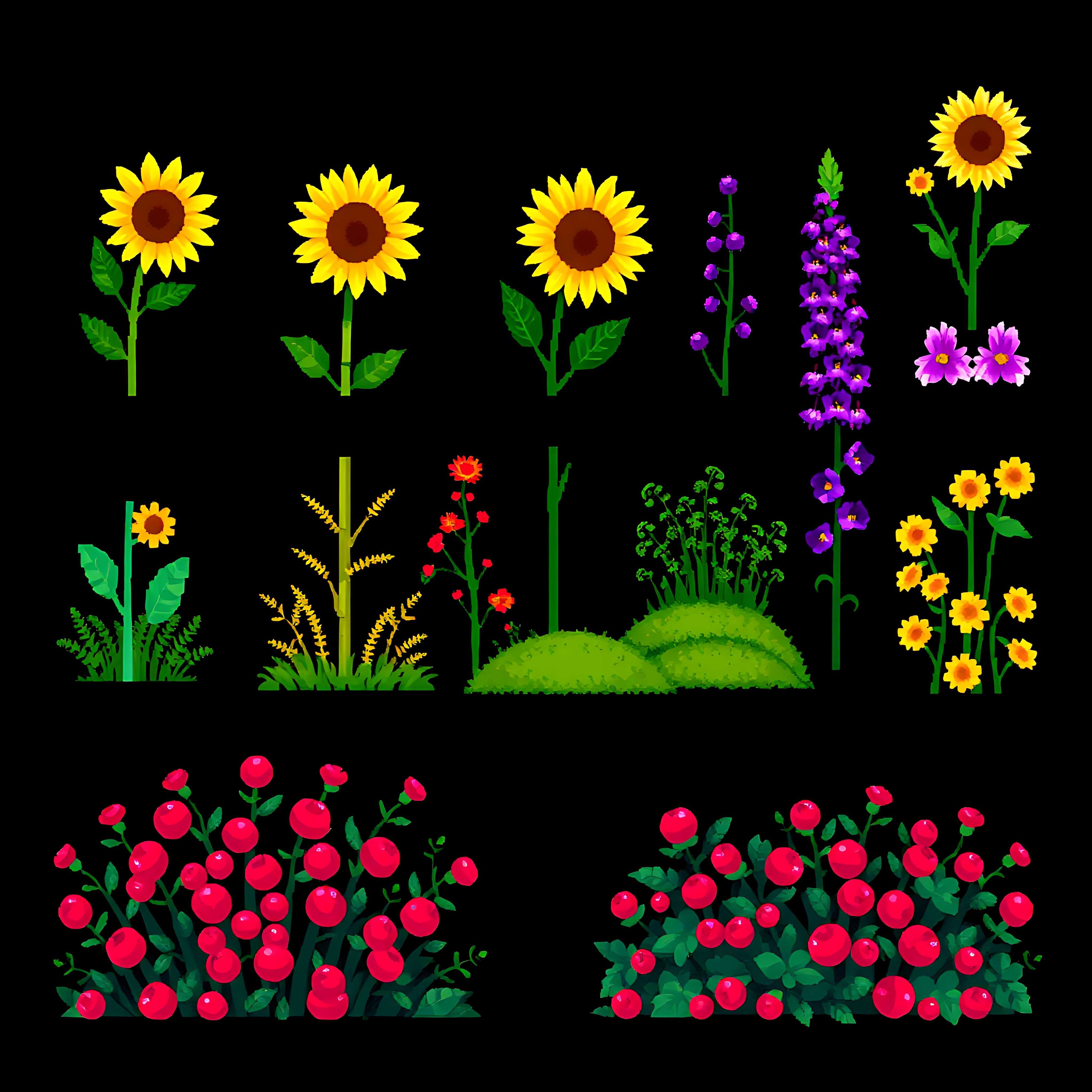 aasunflowers foxgloves moss berry bushes. towering pixel sunflowers with large golden heads pixel foxgloves 11 691