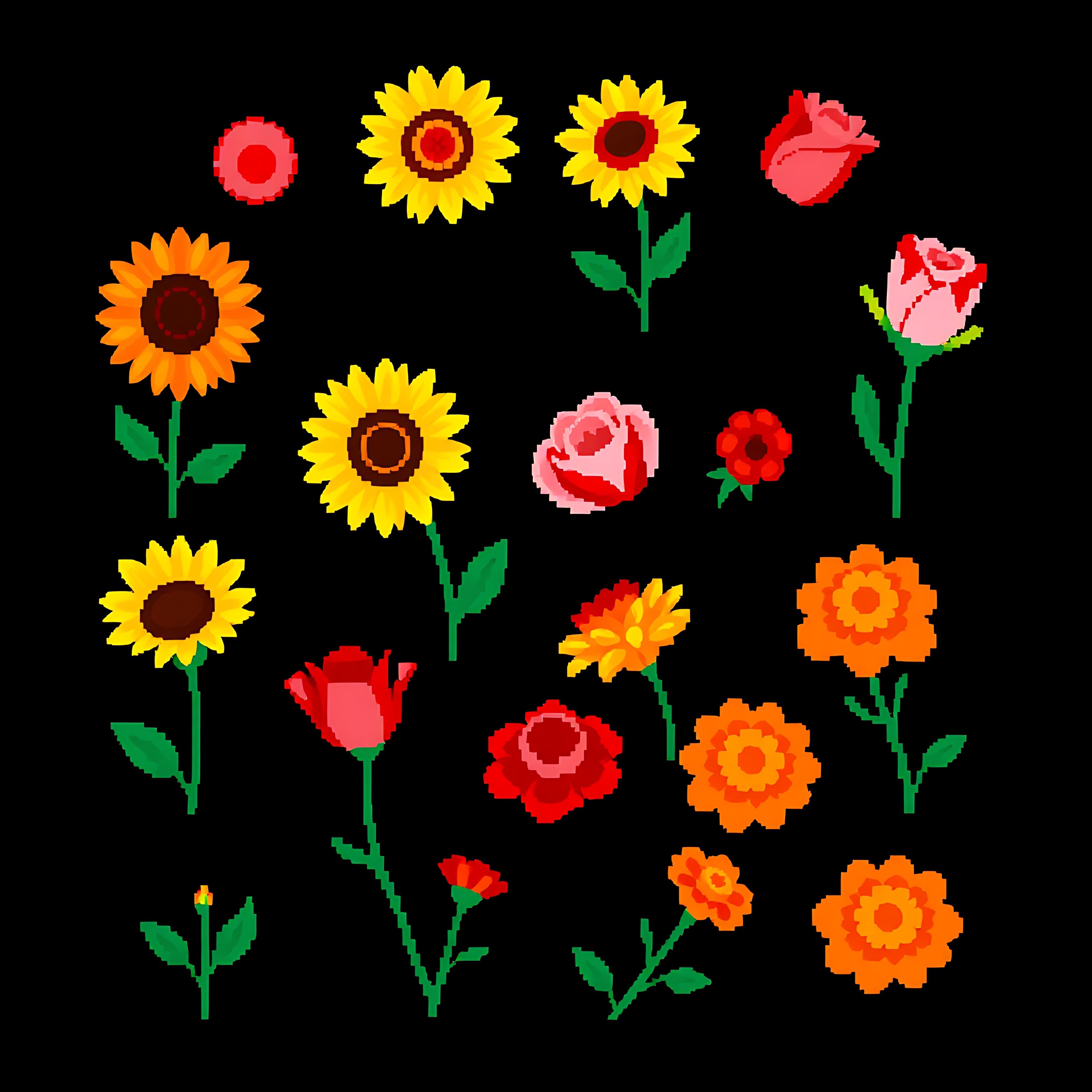 aasunflowers roses tulips marigolds. bright pixel sunflowers with yellow petals pixel roses with delicate r 12 121