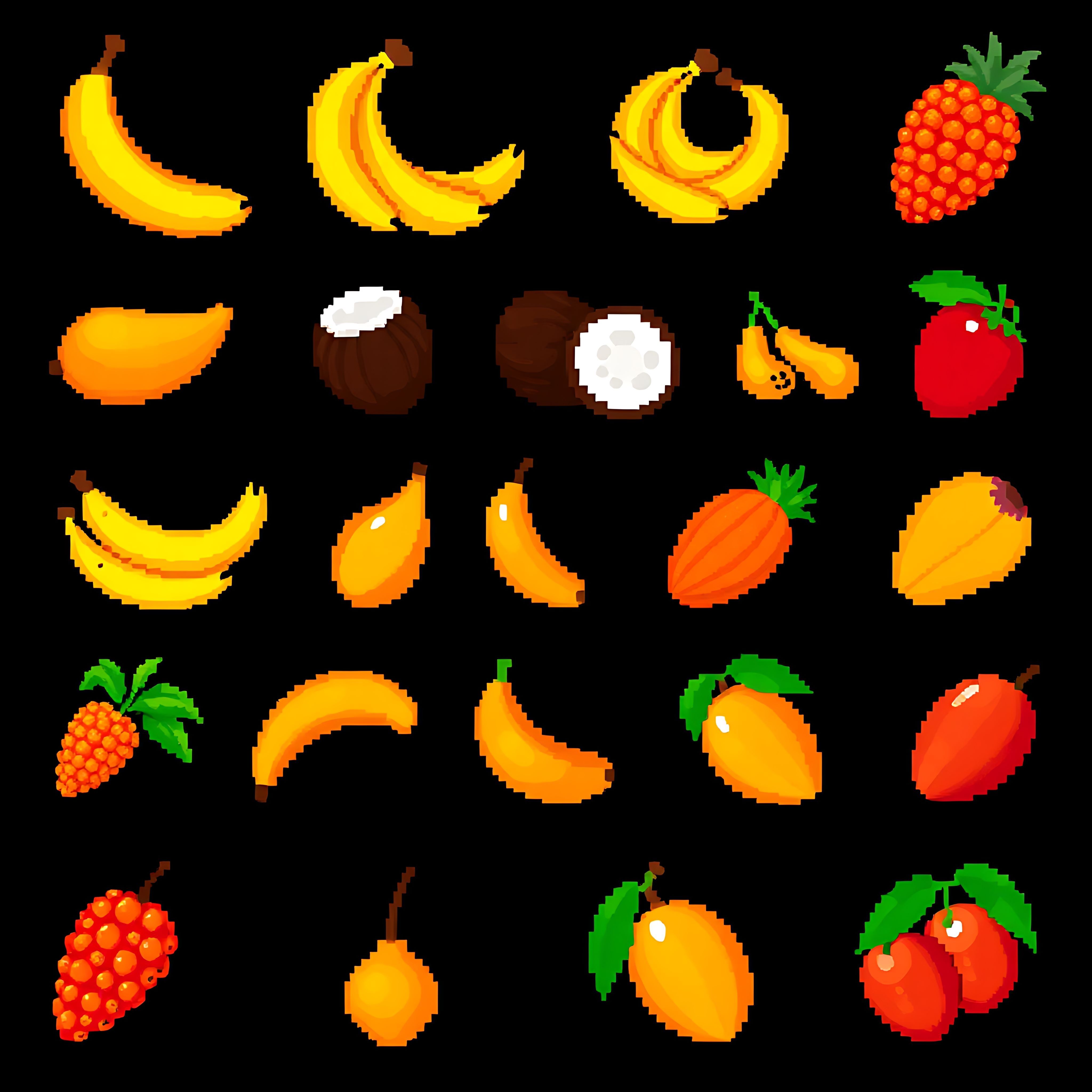 aatropical fruit bananas coconuts mangos. pixelated bananas in soft yellow coconuts with brown pixel shells 13 872