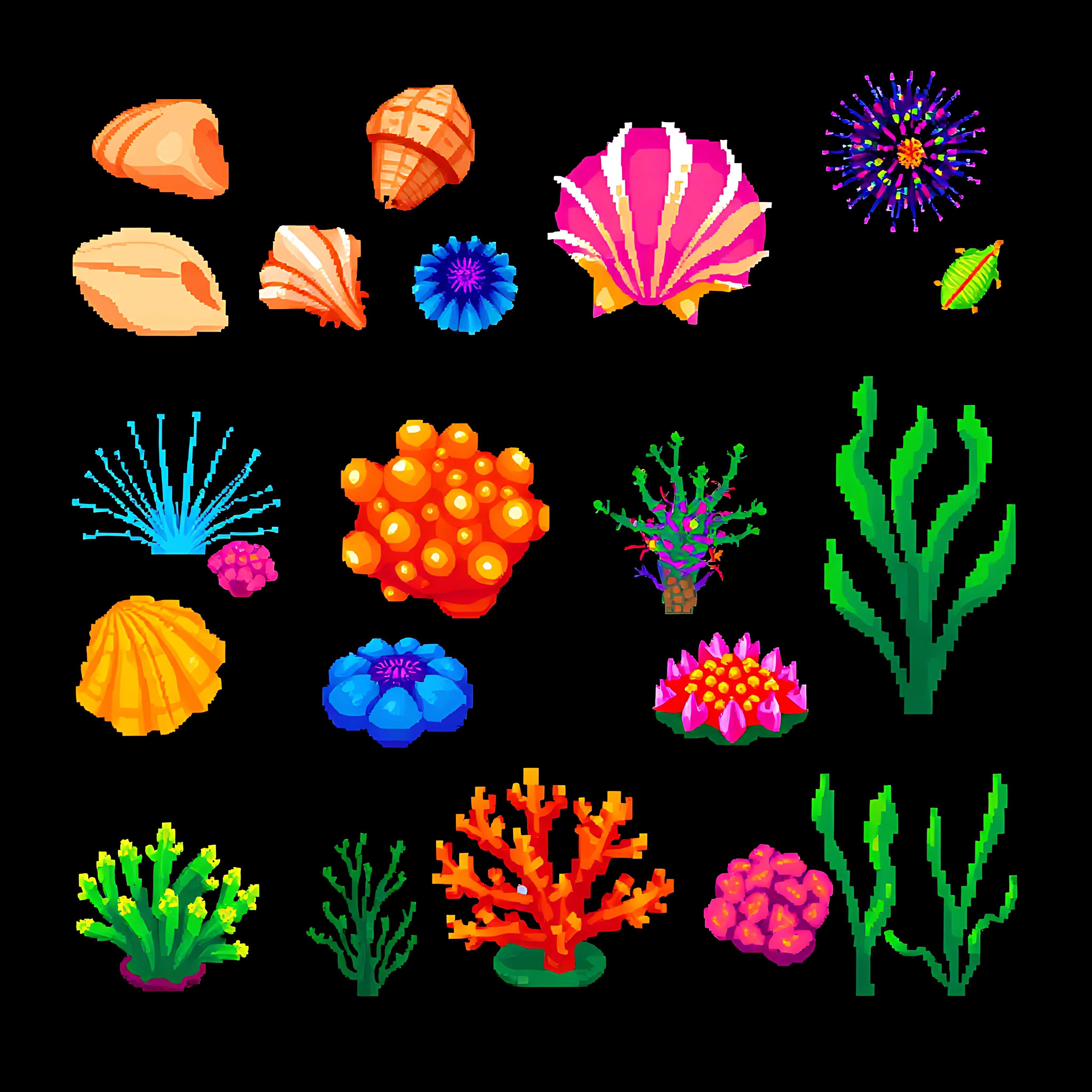 aatropical seashells sea urchins coral reefs underwater plants. pixelated seashells in a variety of shapes 14 478