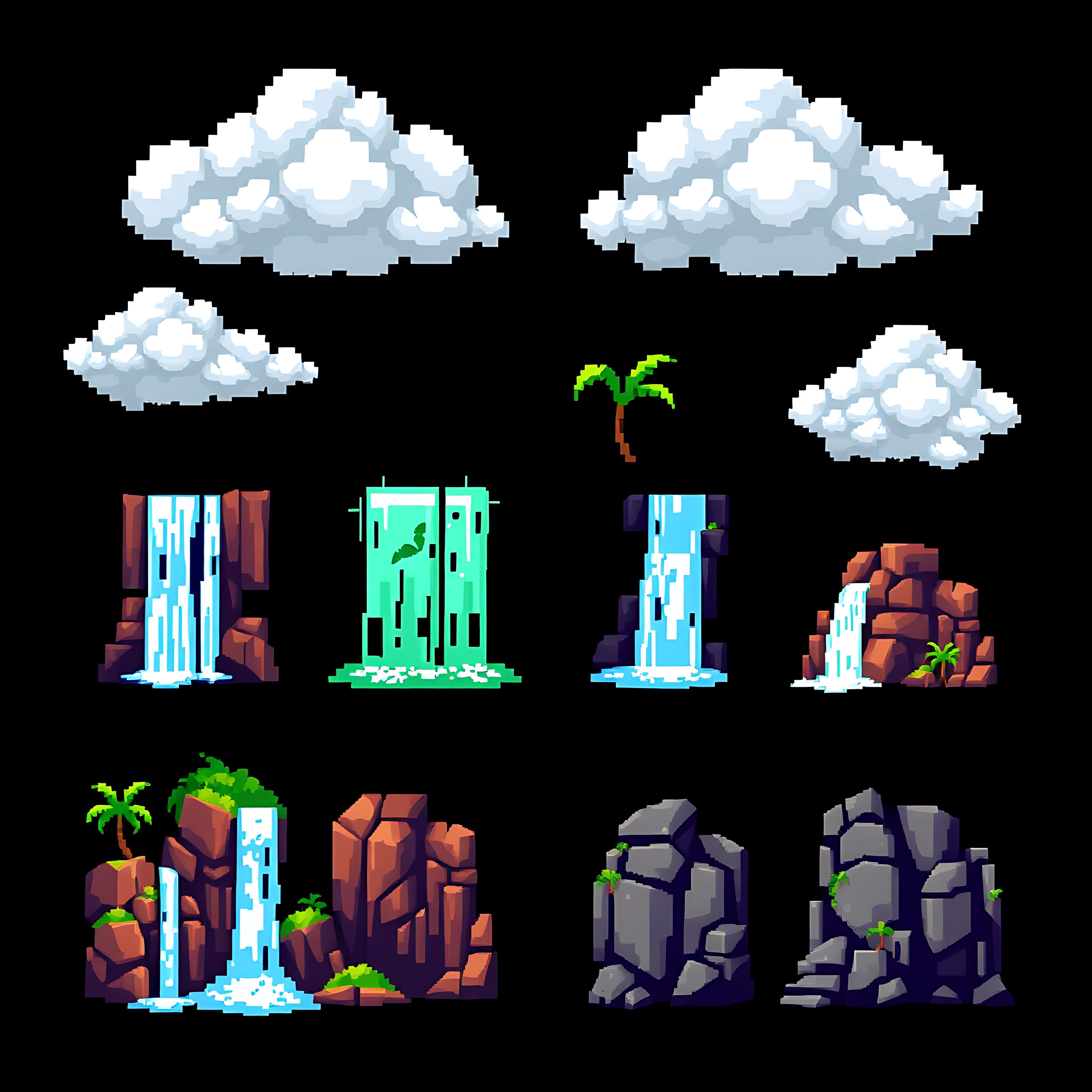 aatropical waterfalls rain clouds mist rocky cliffs. pixelated waterfalls cascading down rain clouds in gra 15 683