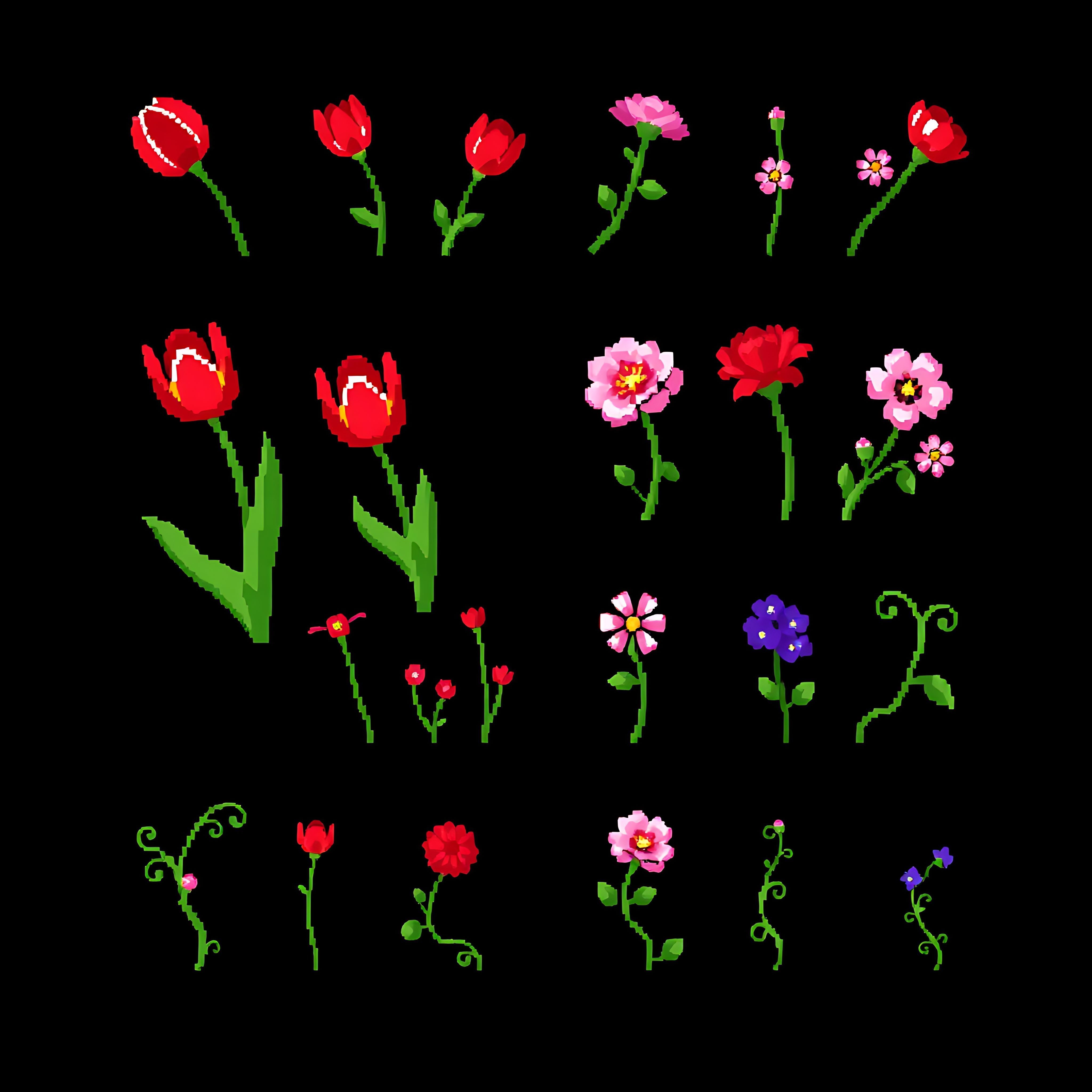aatulips carnations violets vines. red pixel tulips pink pixel carnations tiny pixel violets and pixel vine 16 918
