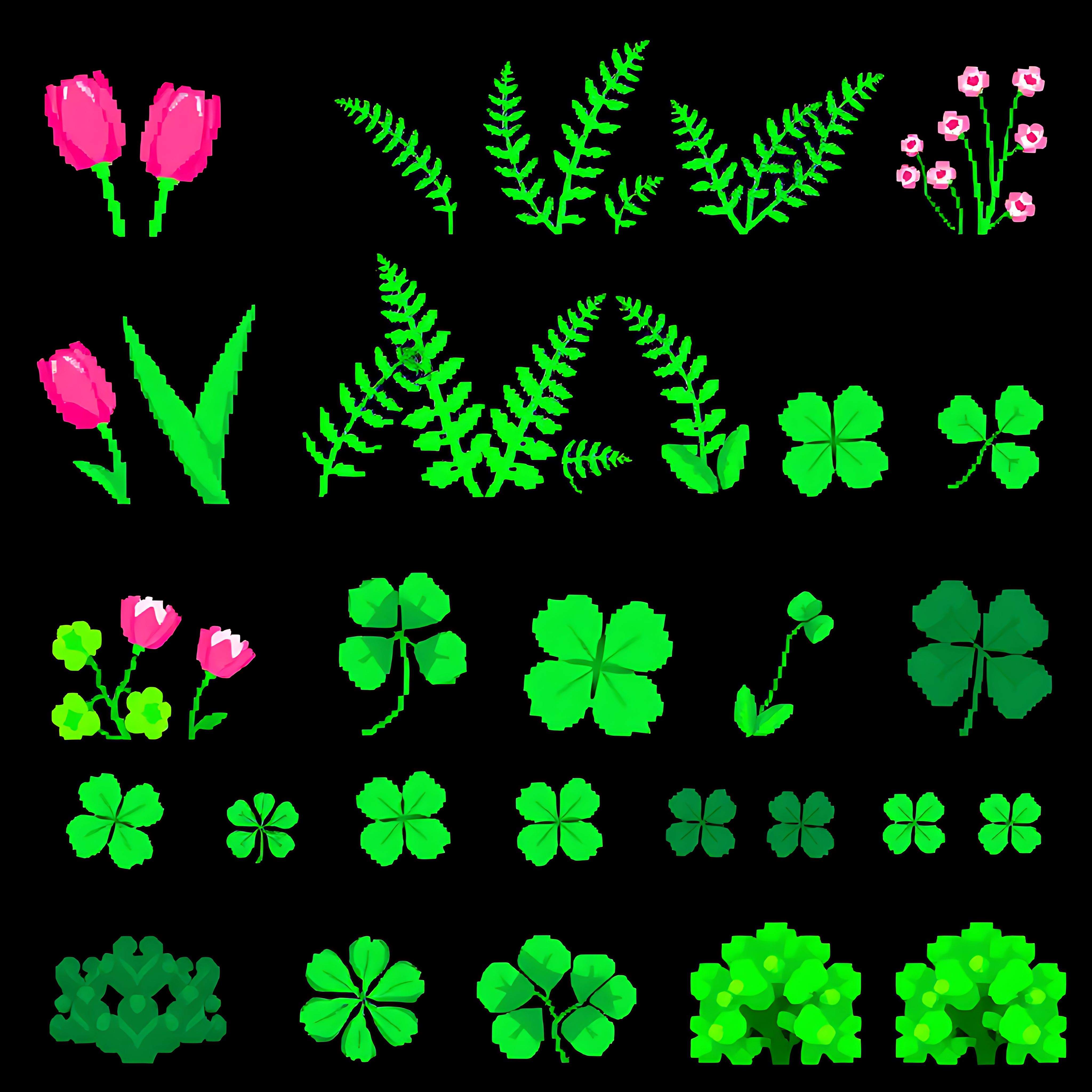 aatulips ferns clover bushes. pink pixel tulips emerald pixel ferns pixel clover with three leaf shapes and 01 839