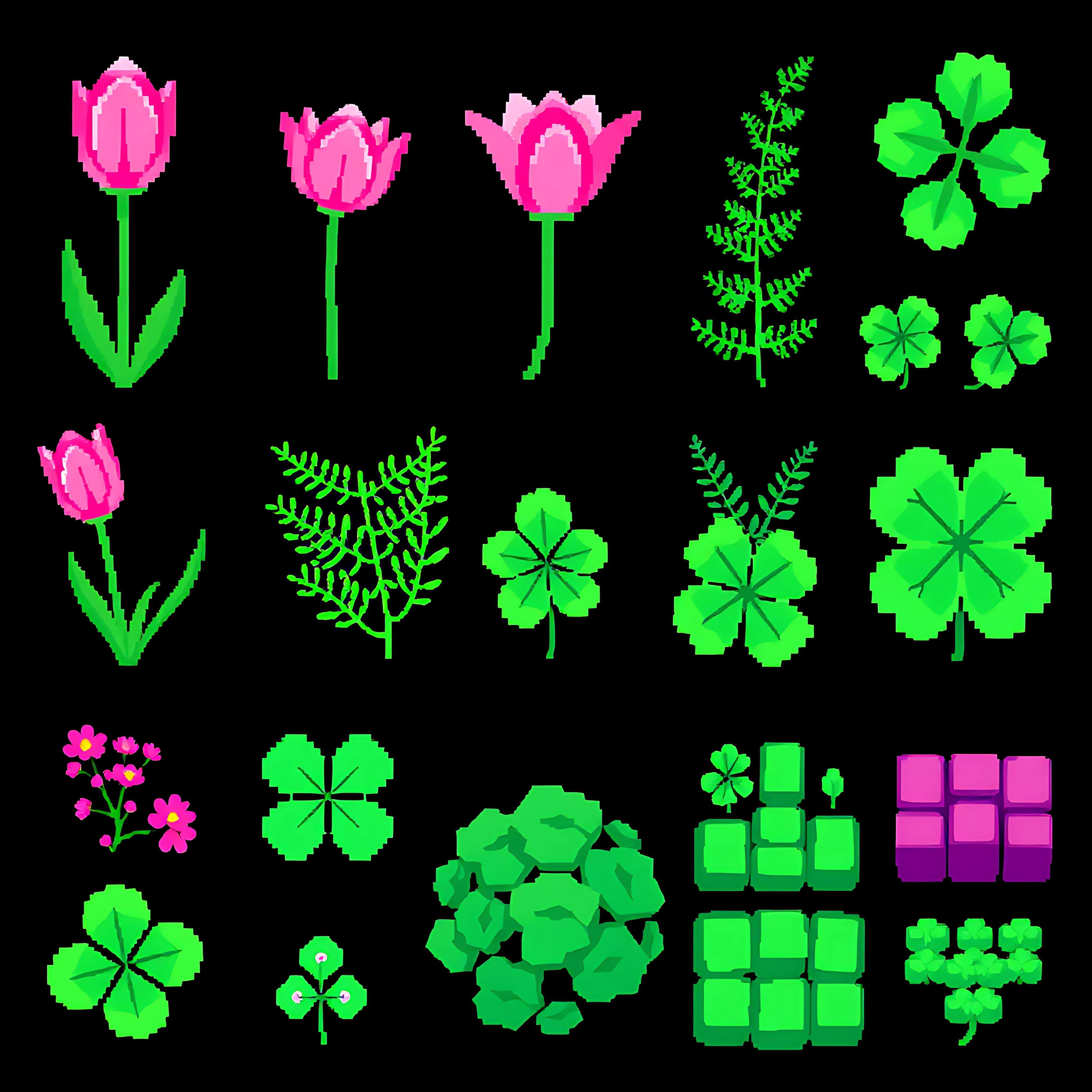 aatulips ferns clover bushes. pink pixel tulips with soft petals pixel ferns with intricate green fronds pi 02 765