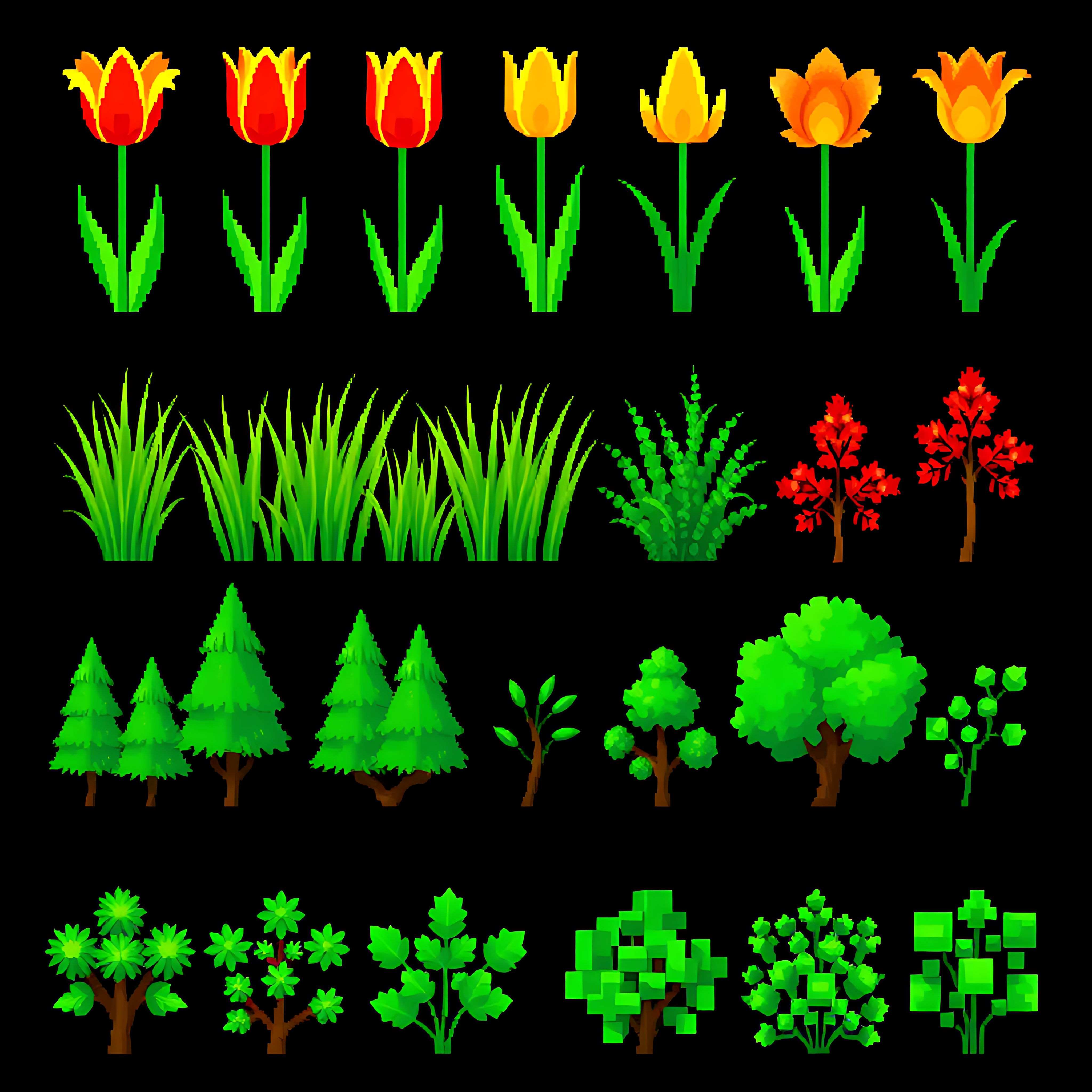 aatulips tall grass maple trees jungle shrubs. pixel tulips with vivid red and yellow petals pixel tall gra 04 88