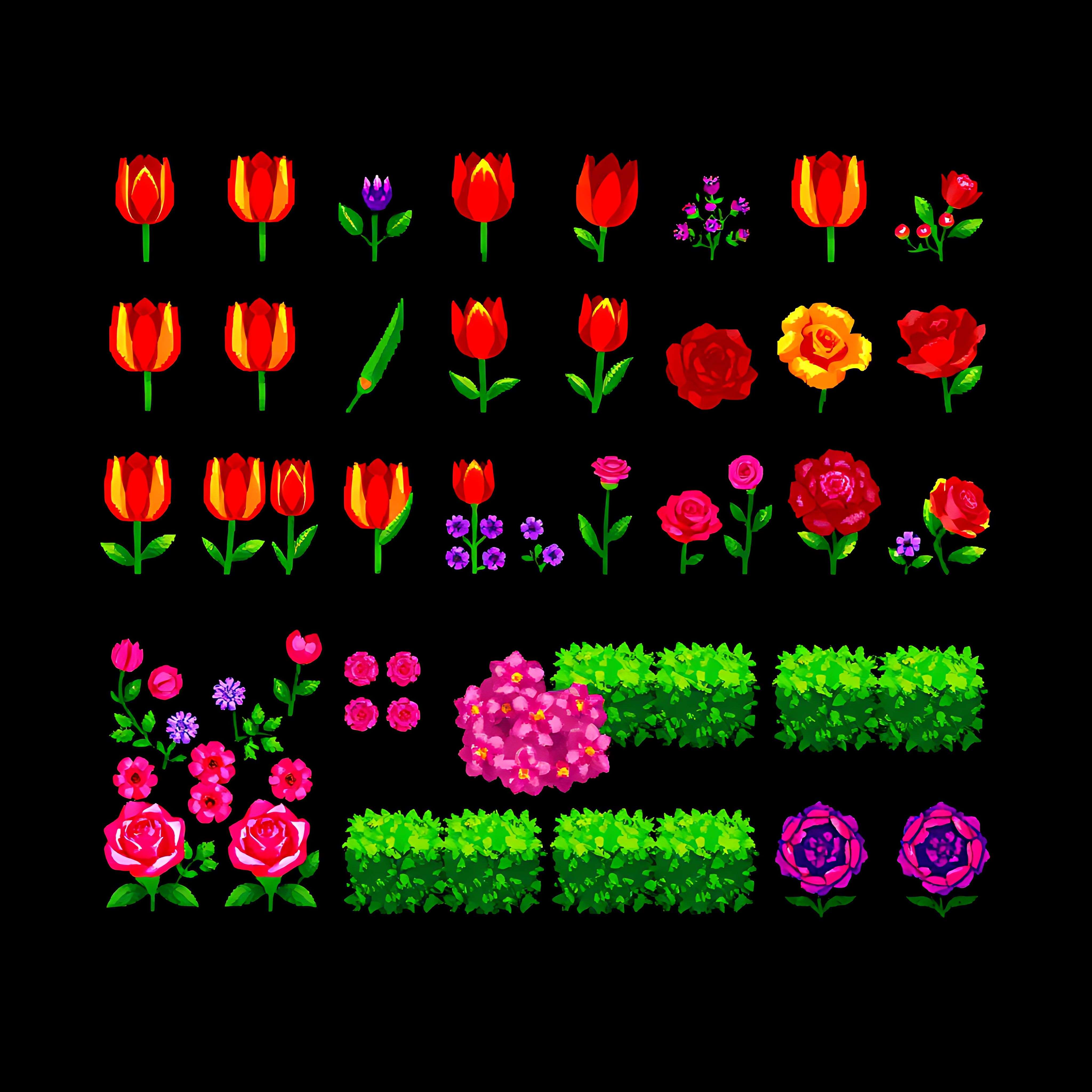 aatulips violets roses hedges. red pixel tulips tiny pixel violets pixel roses and pixel hedges forming geo 06 632