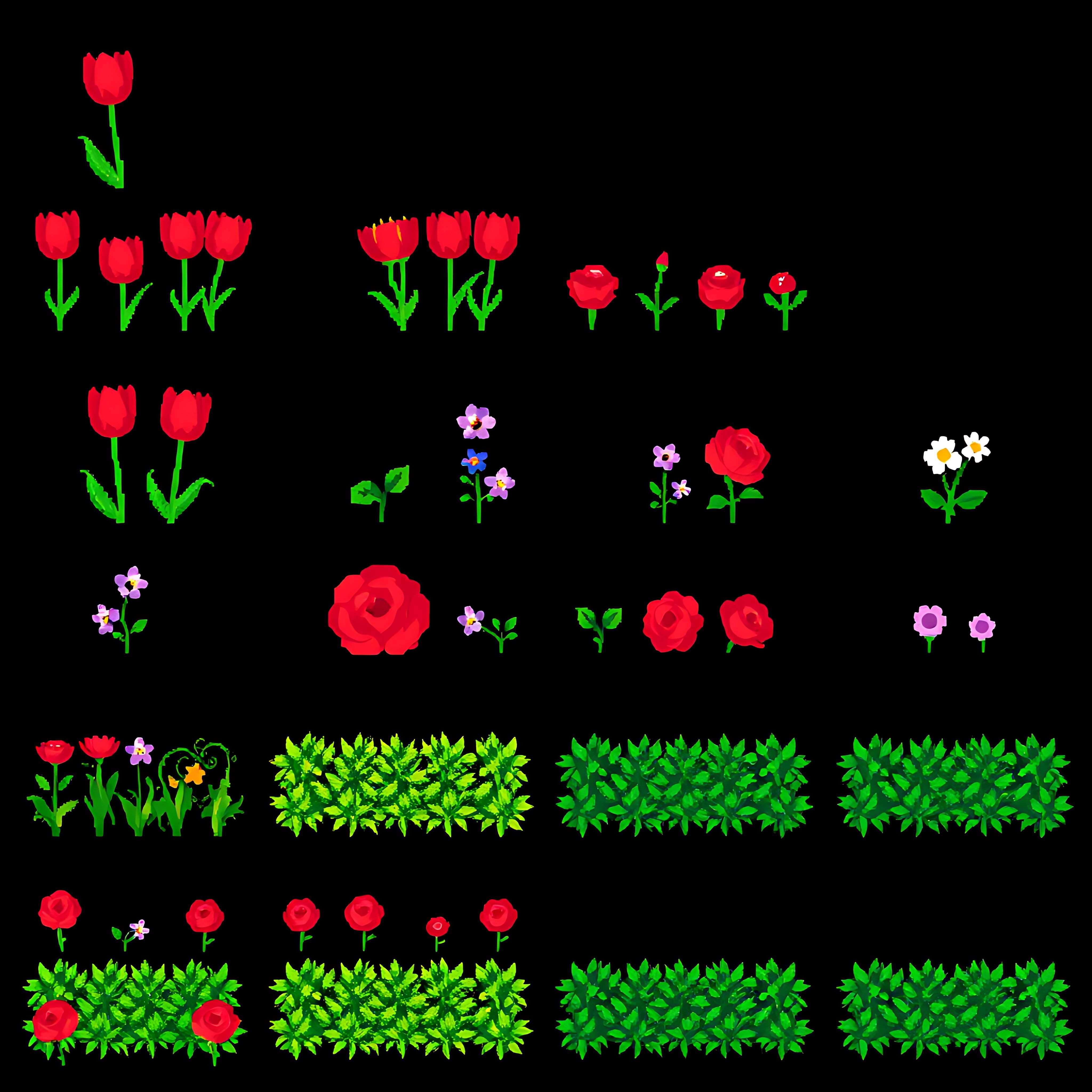 aatulips violets roses hedges. red pixel tulips tiny pixel violets pixel roses and pixel hedges forming geo 07 23