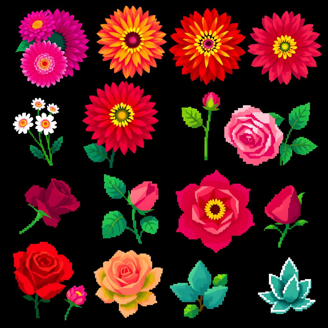 Pixel Bloom PNG Bundle – Zinnias, Dahlias, Roses & Succulents | 300+ Vivid Floral Elements cover image.