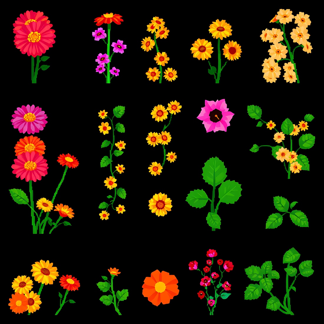 Pixel Bloom PNG Bundle – Zinnias, Dahlias, Roses & Succulents | 300+ Vivid Floral Elements preview image.