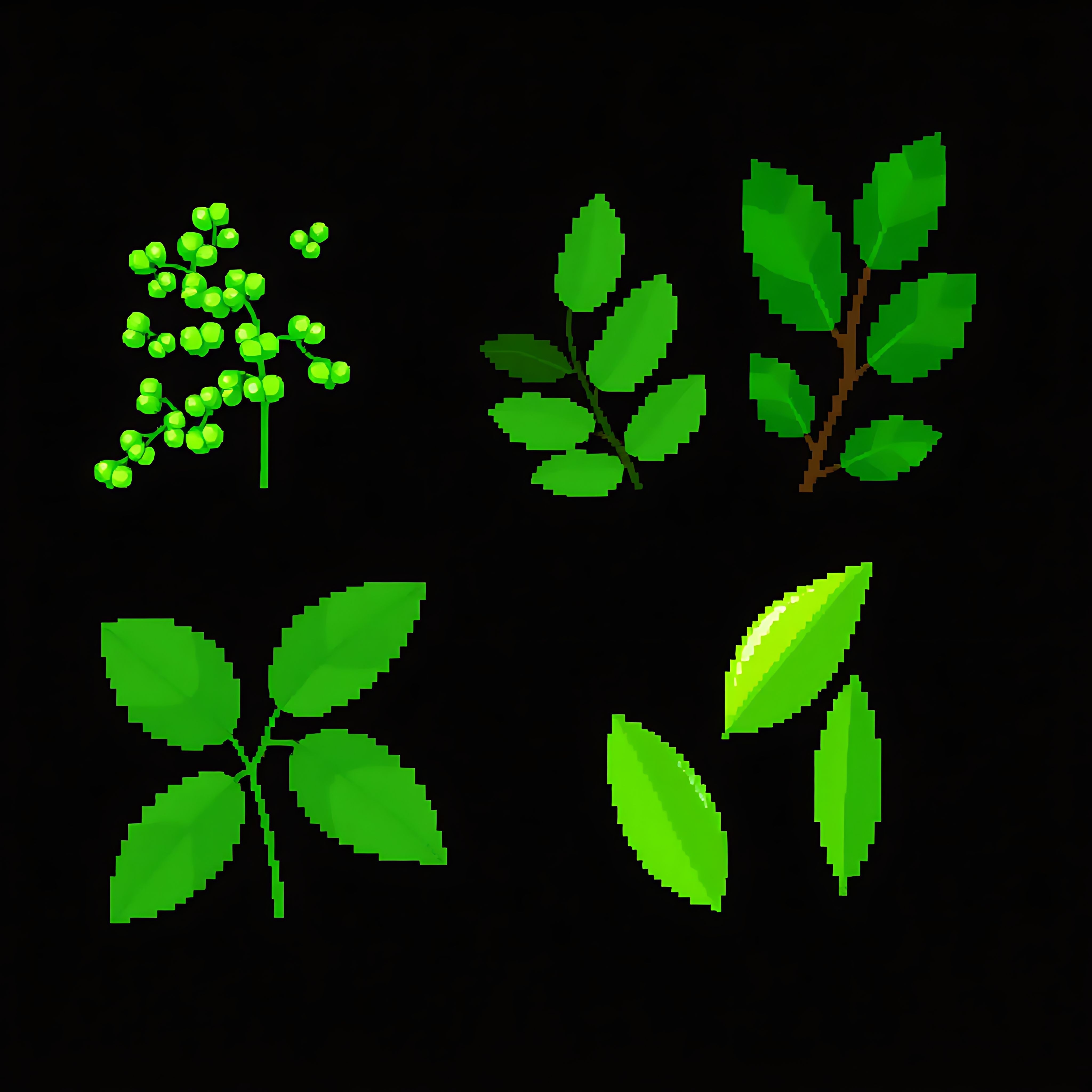 acacia baobab cashew almond. acacia leaves with small rounded pixel clusters in light green baobab leaves 12 988