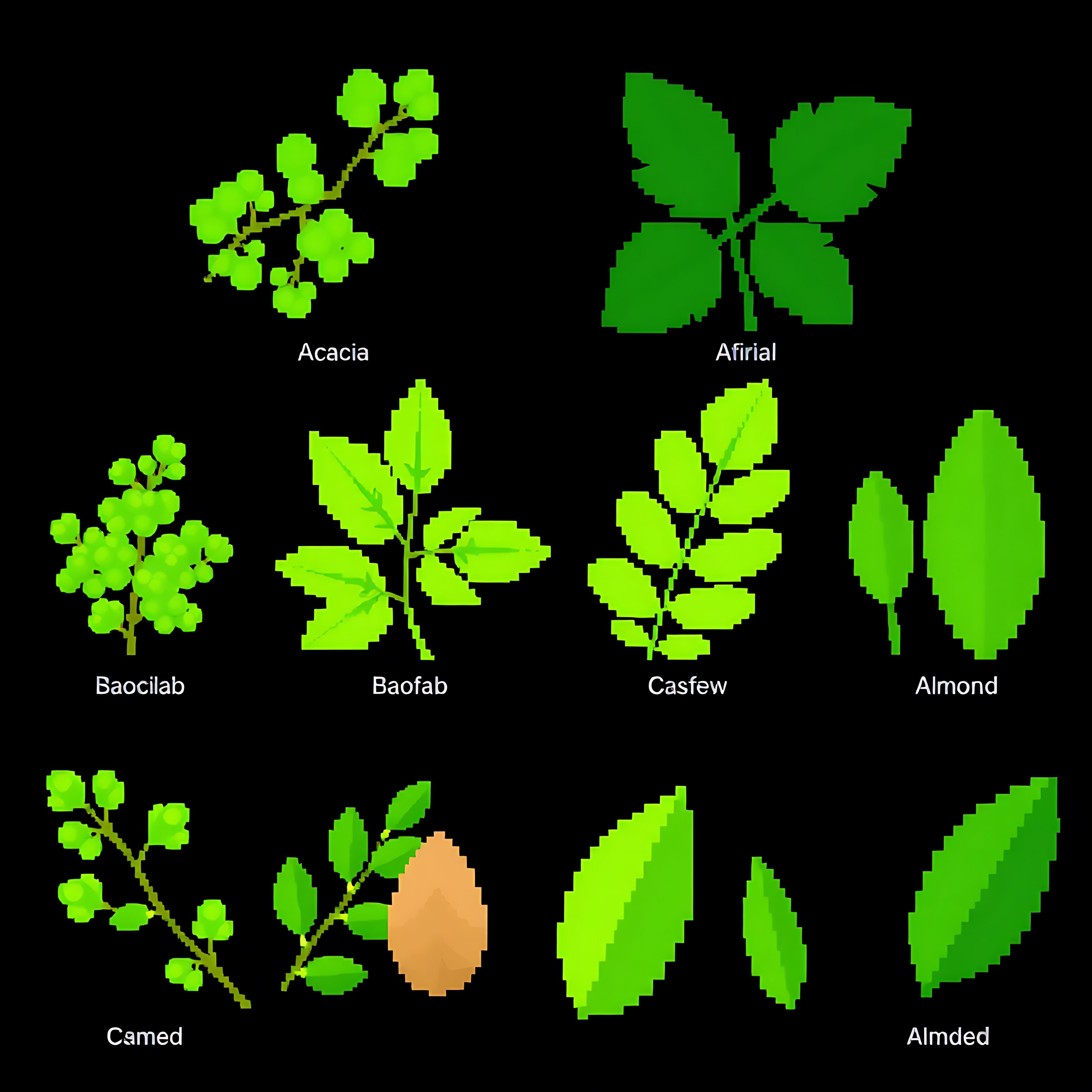 acacia baobab cashew almond. acacia leaves with small rounded pixel clusters in light green baobab leaves 15 877