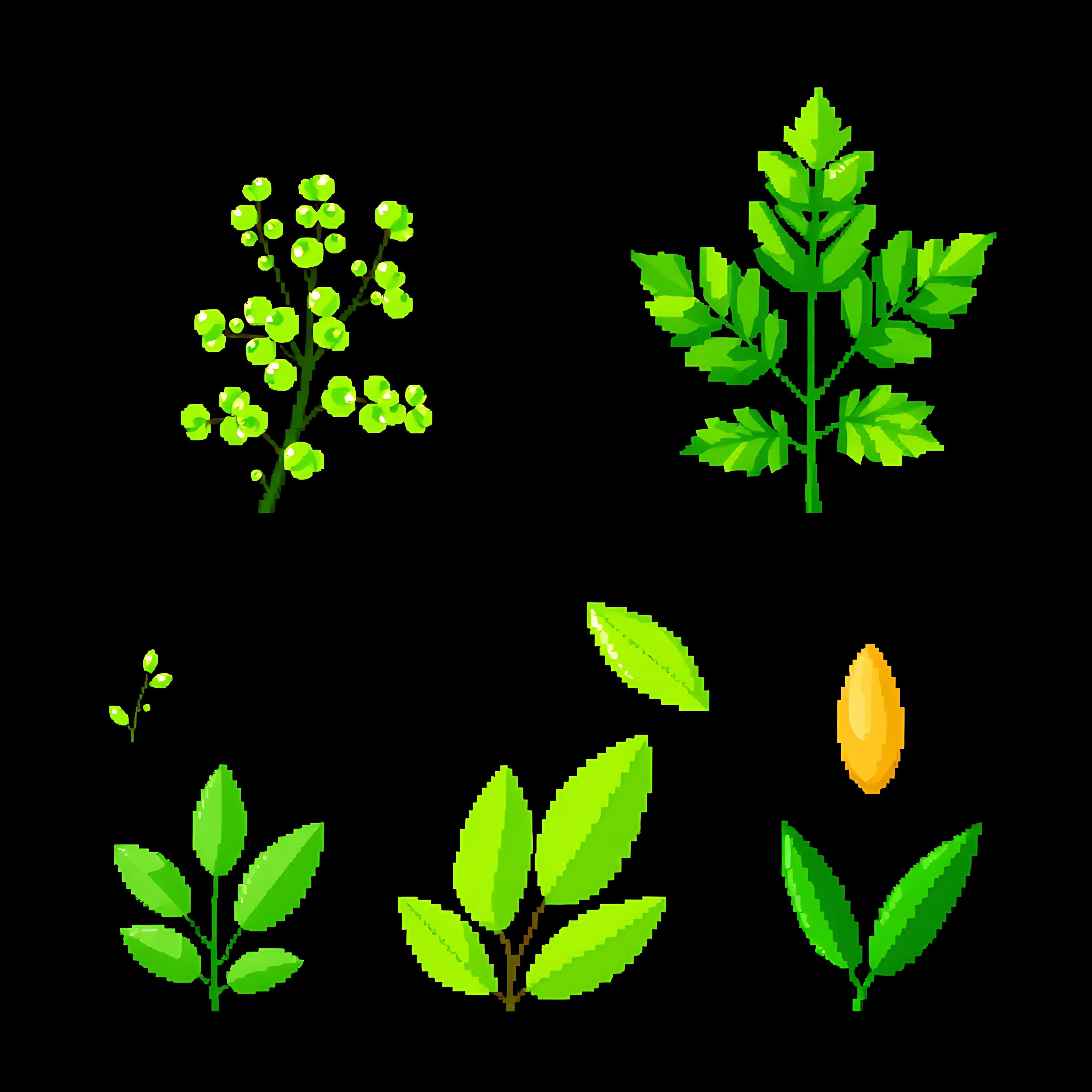 acacia baobab cashew almond. acacia leaves with small rounded pixel clusters in light green baobab leaves 16 630