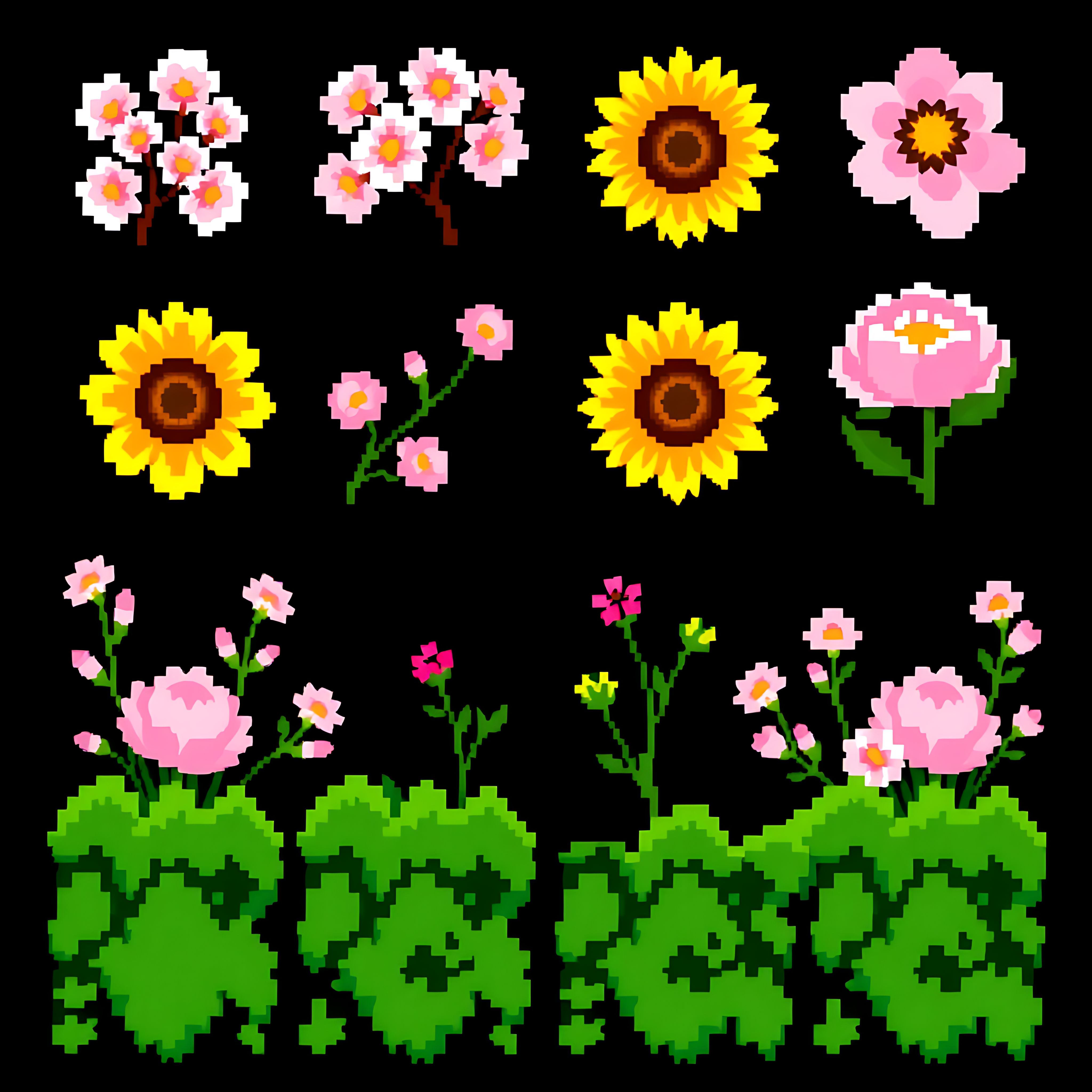 acherry blossoms sunflowers peonies moss. pixel cherry blossoms in light pink pixel sunflowers with golden 03 415