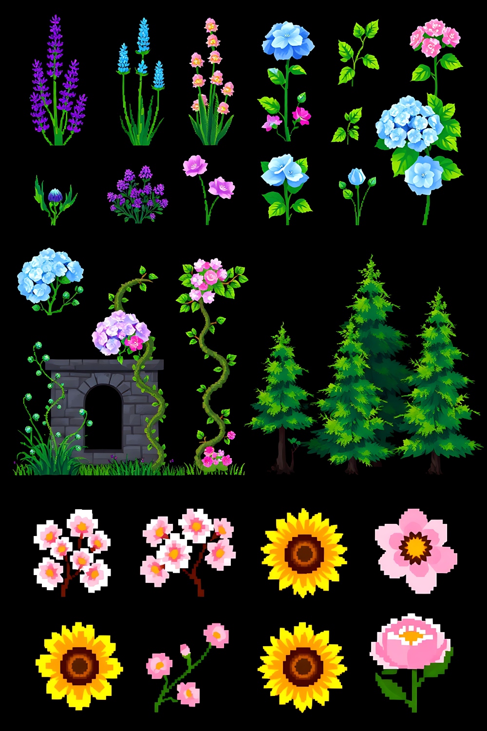 Pixel Flower PNG Bundle – Cherry Blossoms, Sunflowers, Peonies & Moss | 100+ Whimsical Elements pinterest preview image.