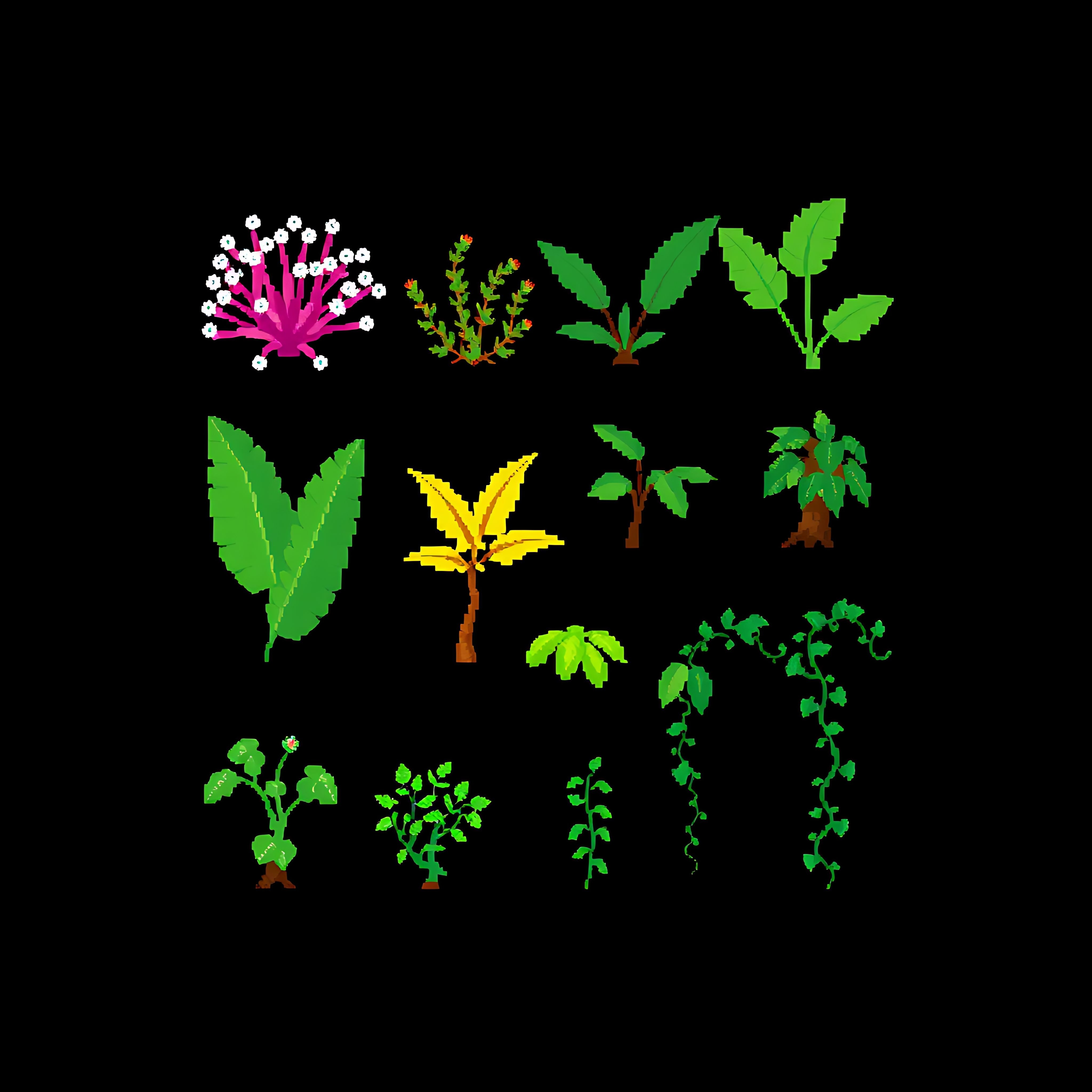 anemones banana leaves jungle shrubs vines. pixel anemones with white pixel petals banana leaves in long 13 832