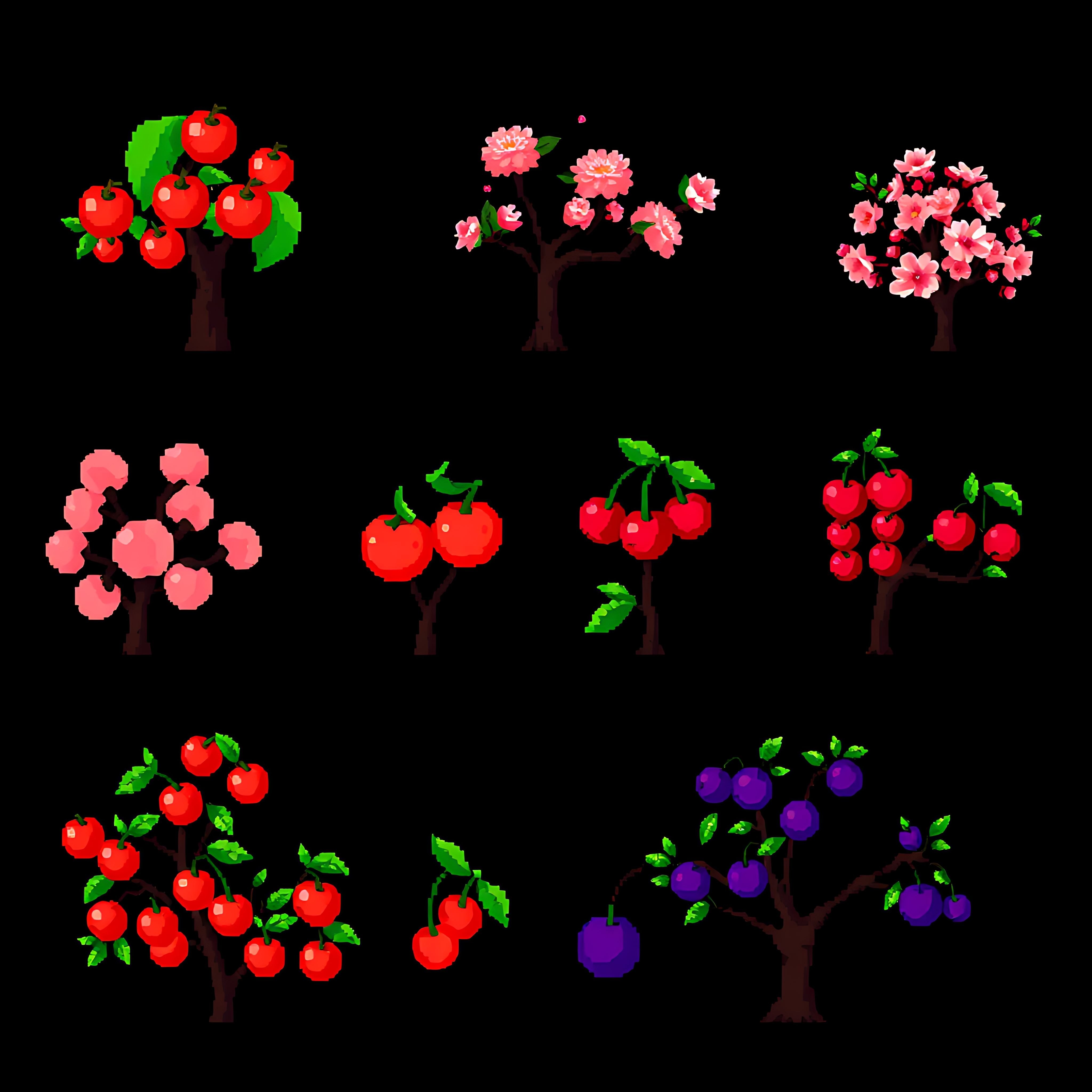 apple trees peach trees cherry trees plum trees. pixel apple trees with red fruit peach trees with soft p 14 198