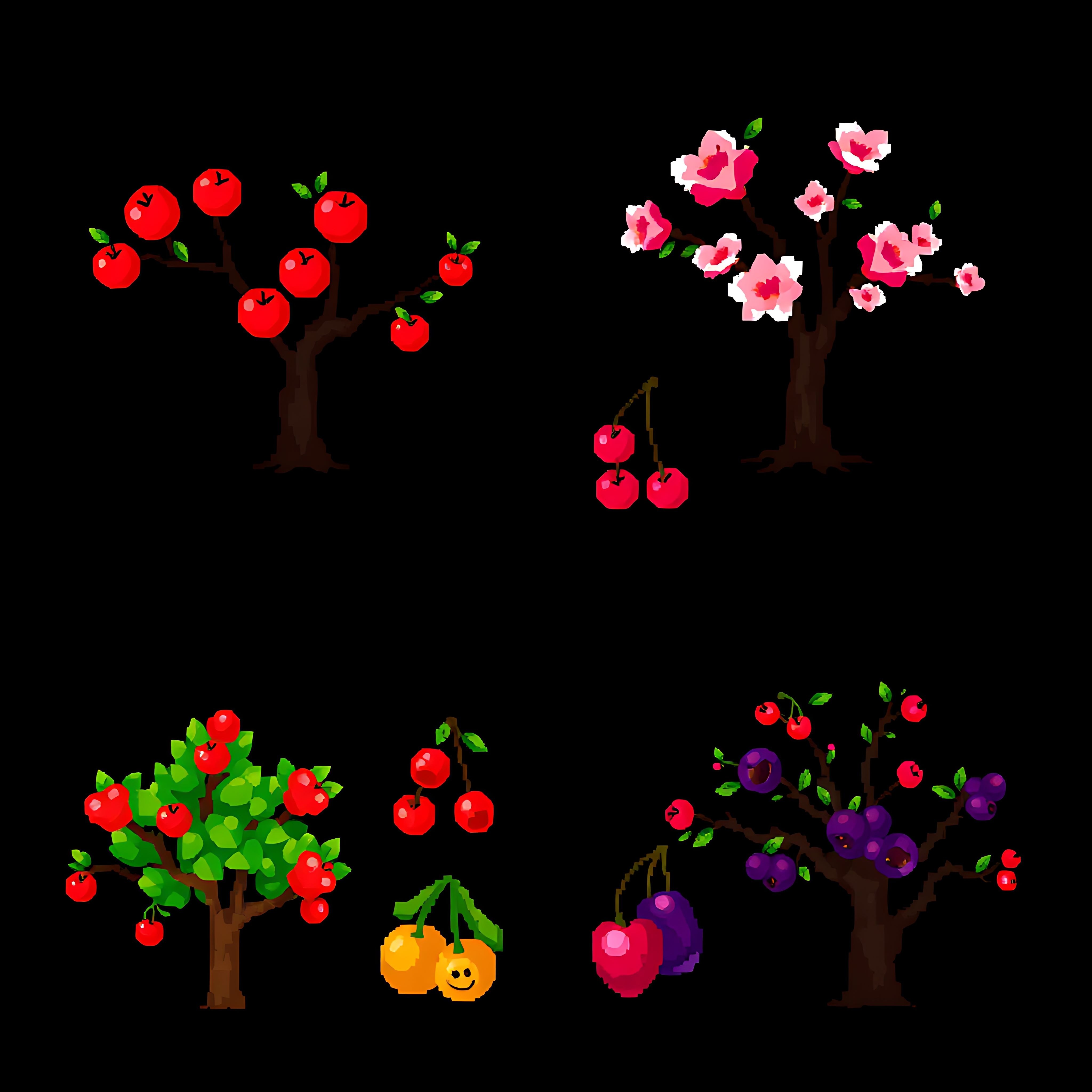 apple trees peach trees cherry trees plum trees. pixel apple trees with red fruit peach trees with soft p 16 773