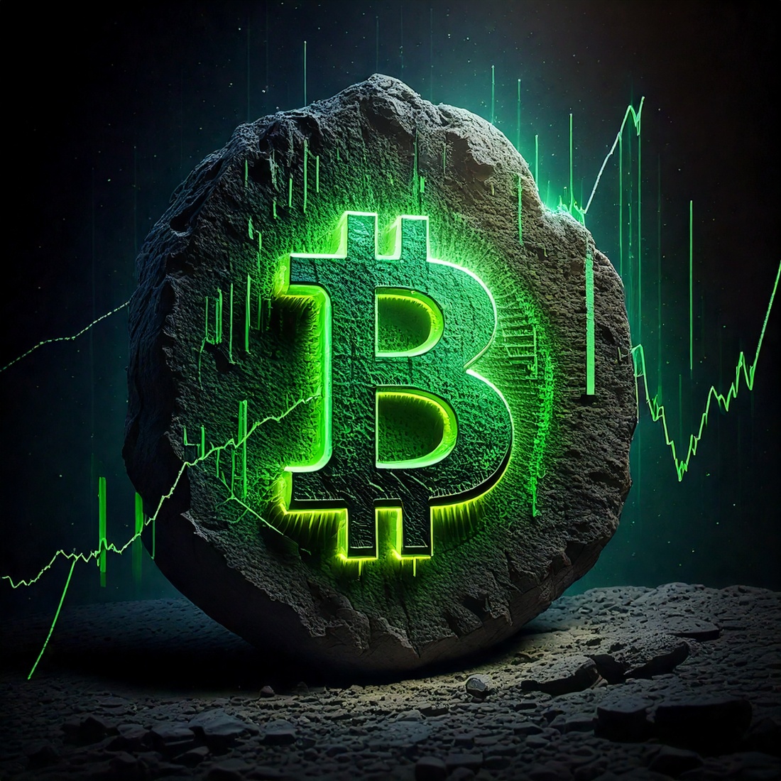 Golden Bitcoin Sword in Cracked Stone Pedestal with Green Holographic Trading Charts cover image.