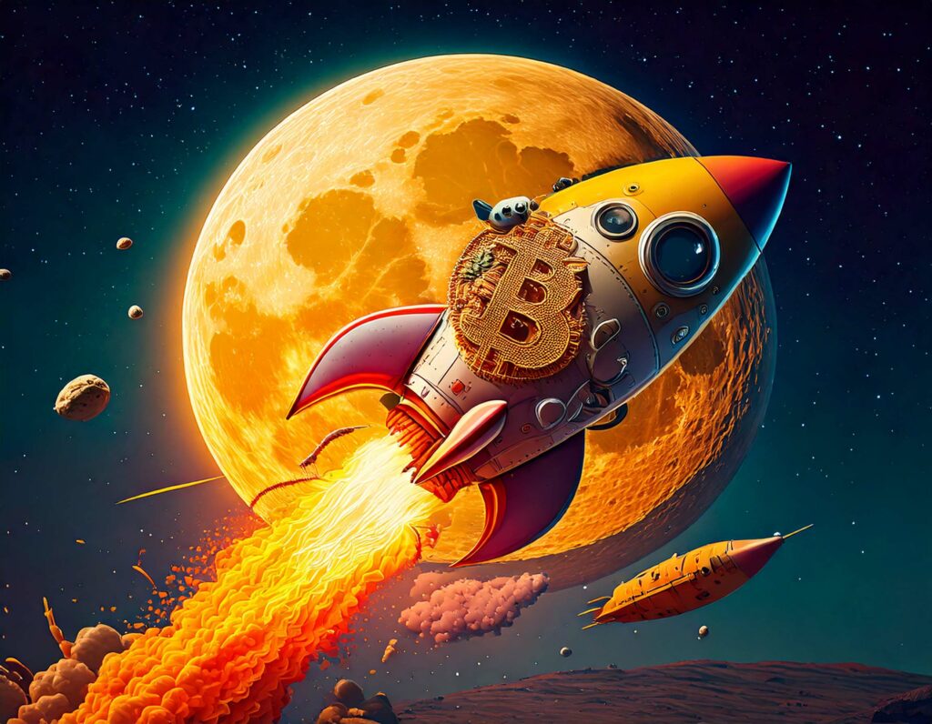 Bitcoin-Shaped Rocket Blasting Toward the Moon in Glowing Night – 8-Bit ...
