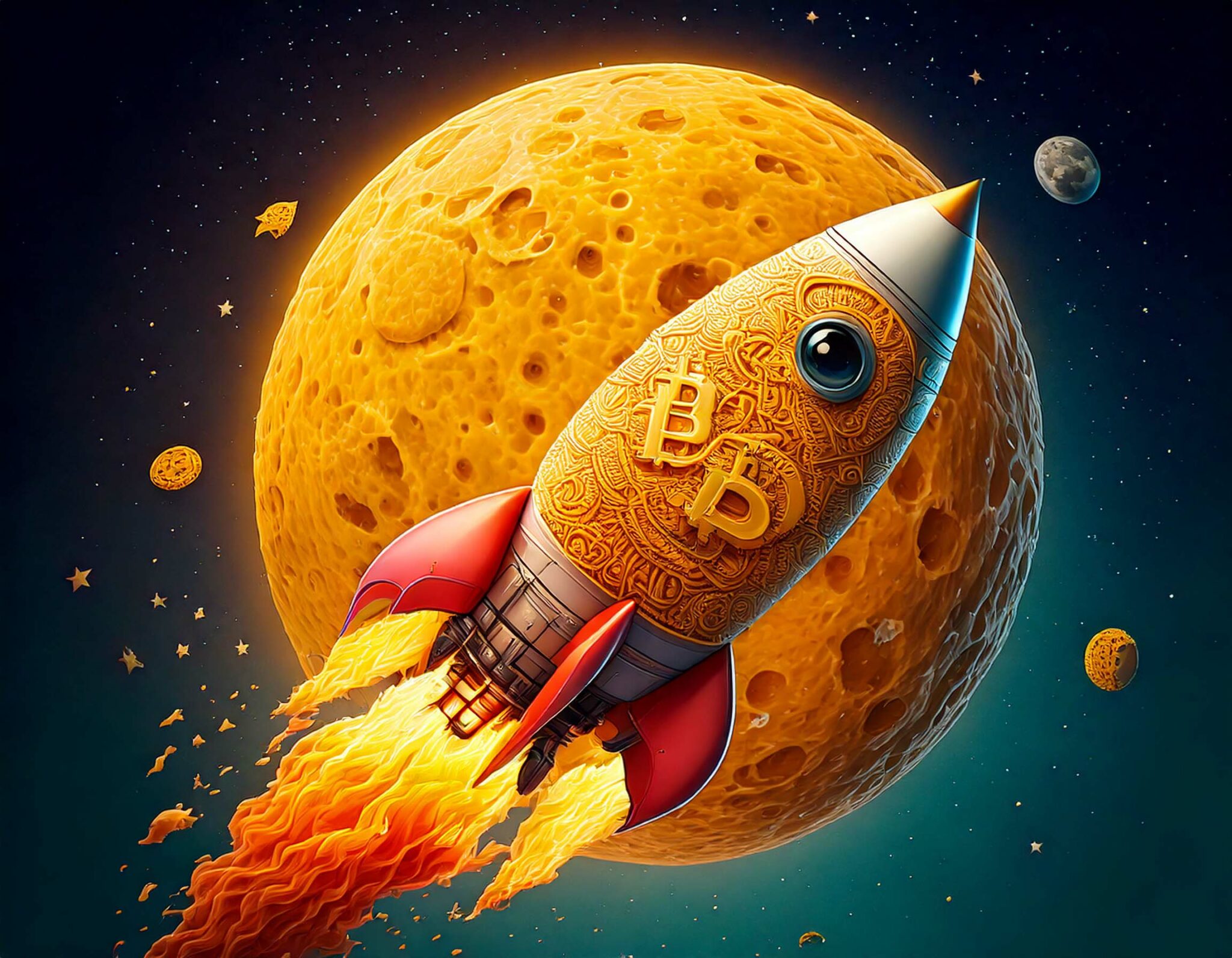 Bitcoin-Shaped Rocket Blasting Toward the Moon in Glowing Night – 8-Bit ...