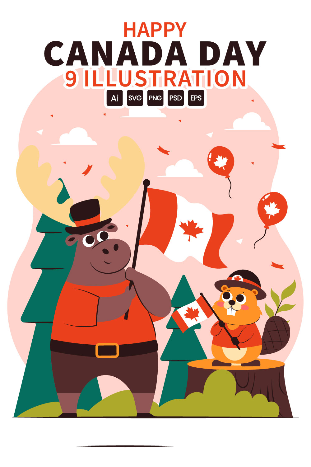 9 Happy Canada Day Illustration pinterest preview image.