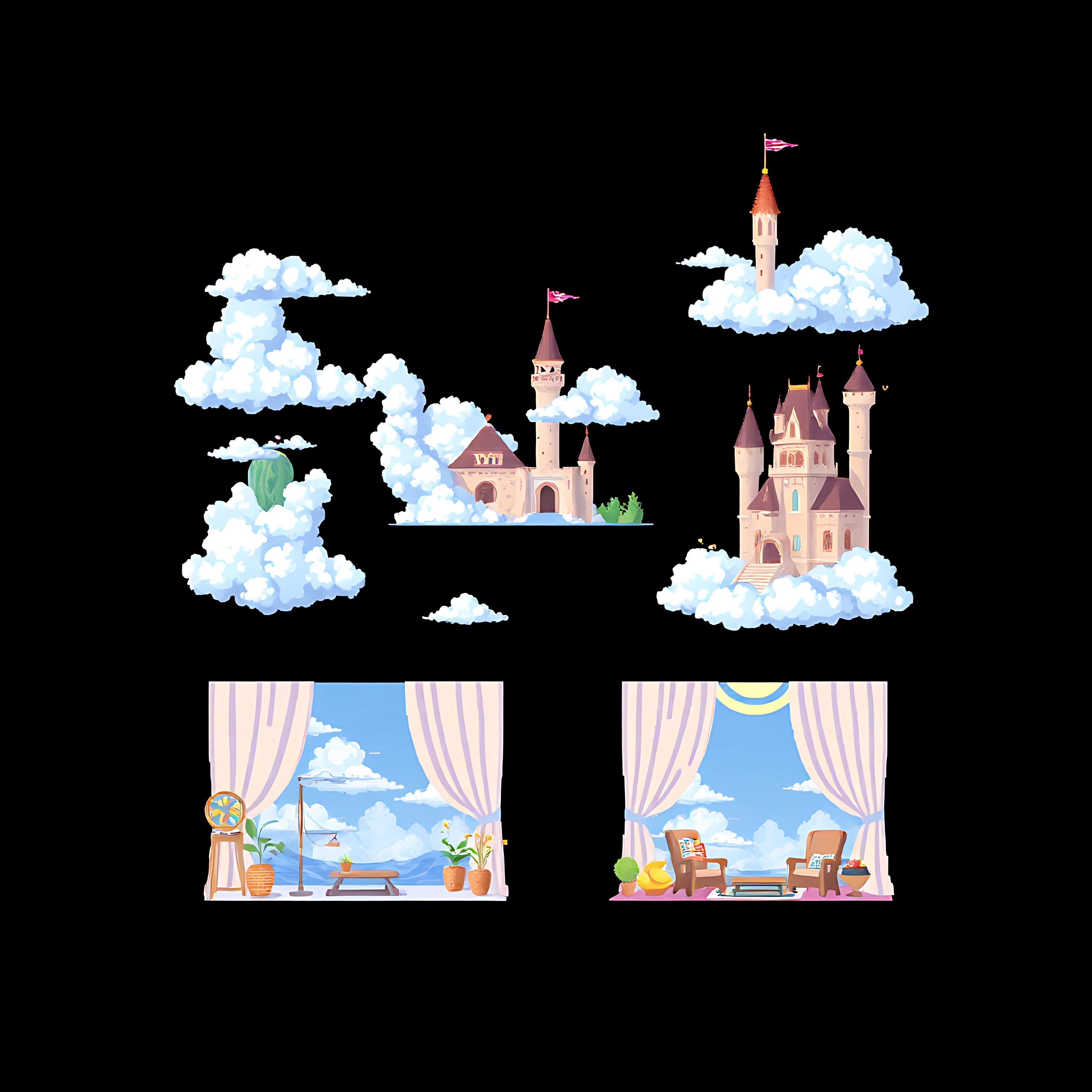 castle in the sky houses with floating clouds. cloud like furniture sky blue walls and soft flowing curta 00002 49