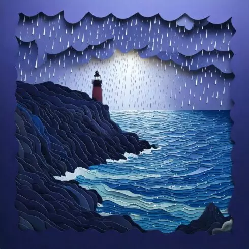 Cozy Harbor Scene in Handcrafted Paper Cutout Style Featuring a Lighthouse at the Edge of the Dock cover image.