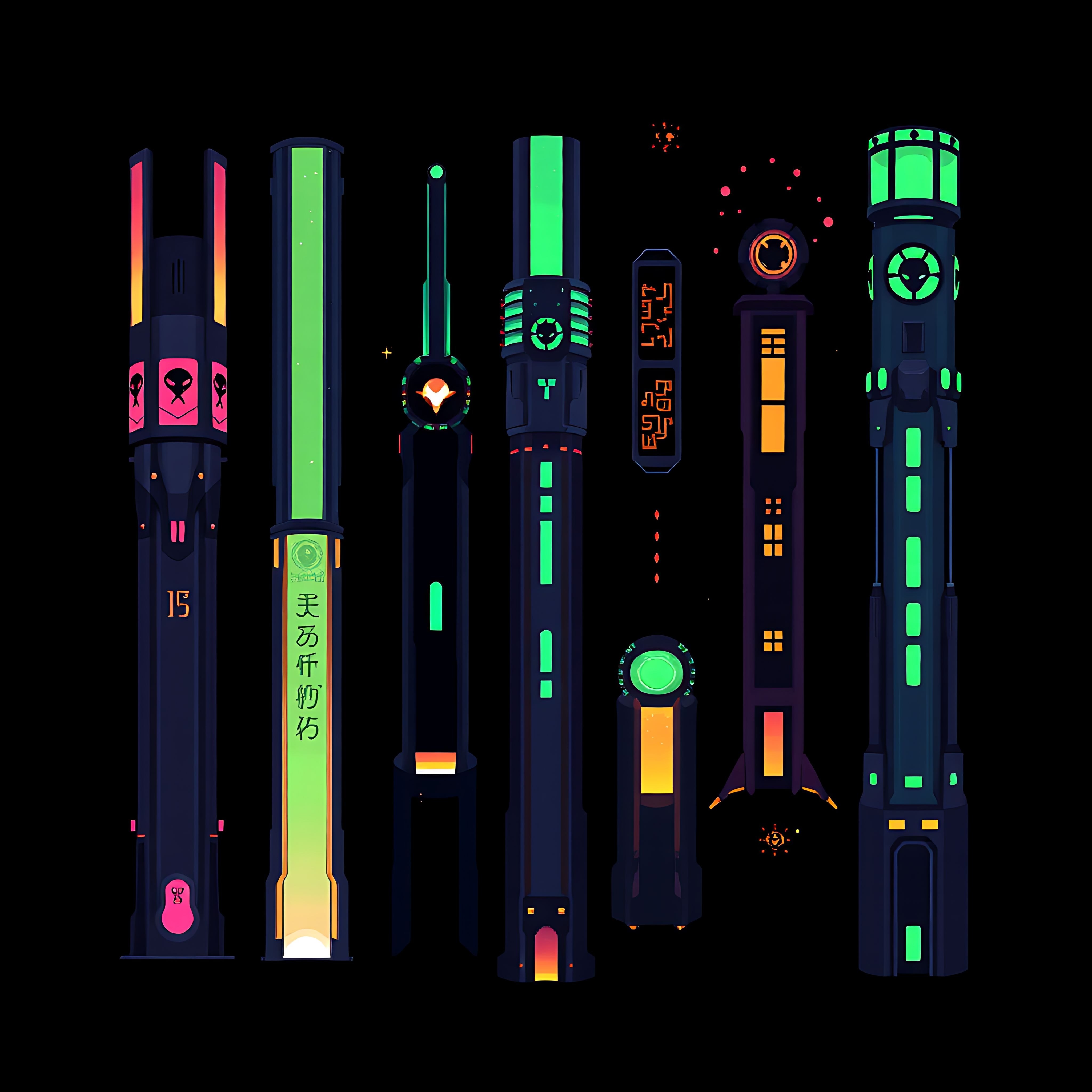 cylindrical towers with alien markings. vertical structures marked with unknown symbols interiors glow wi 00002 263