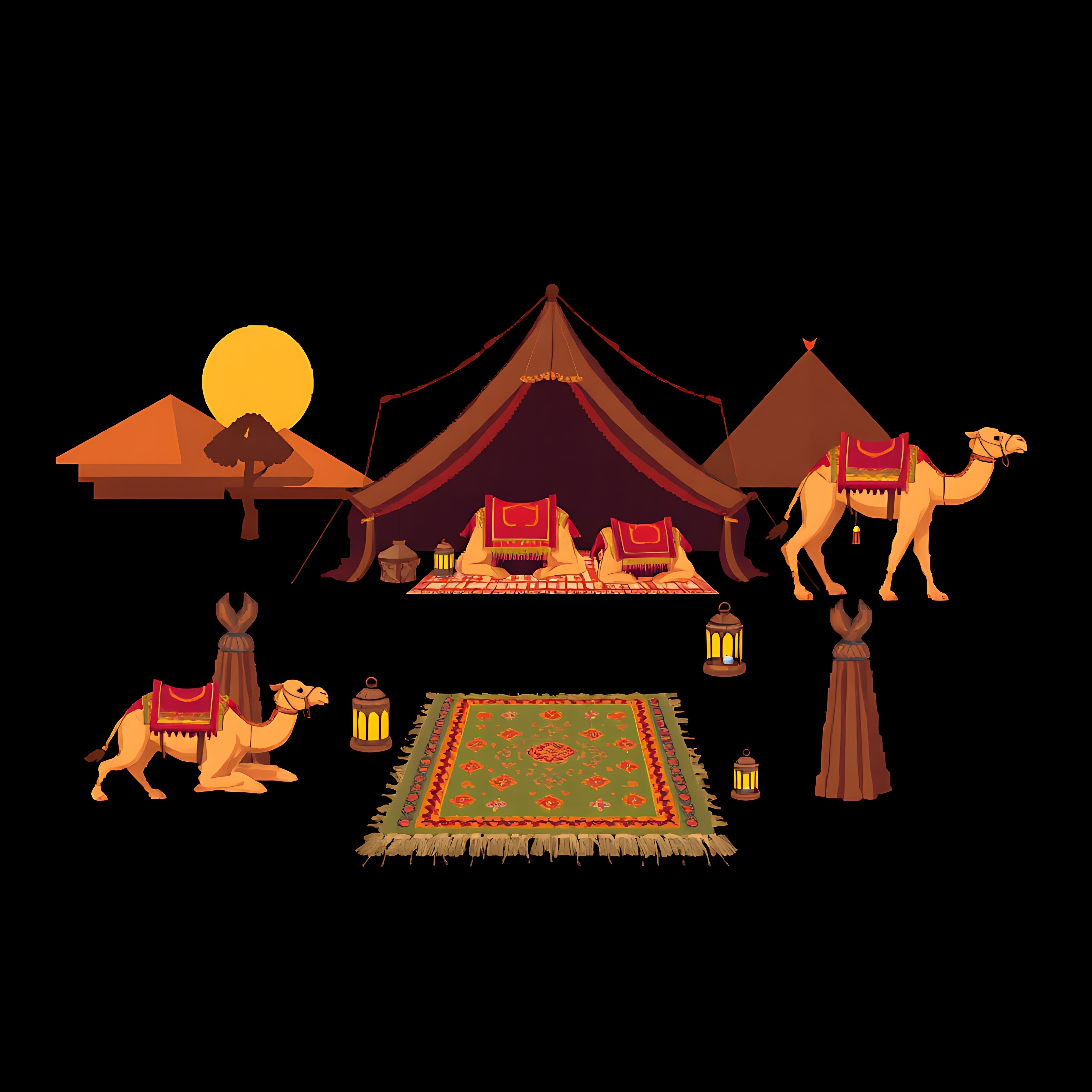 desert tent with camels. camel tapestry earthy tones. woven rugs lanterns. nomadic arid with desert winds 00005 671