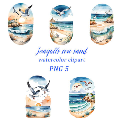 Seagulls and the sea, watercolor clipart, png,sea, OceanView cover image.
