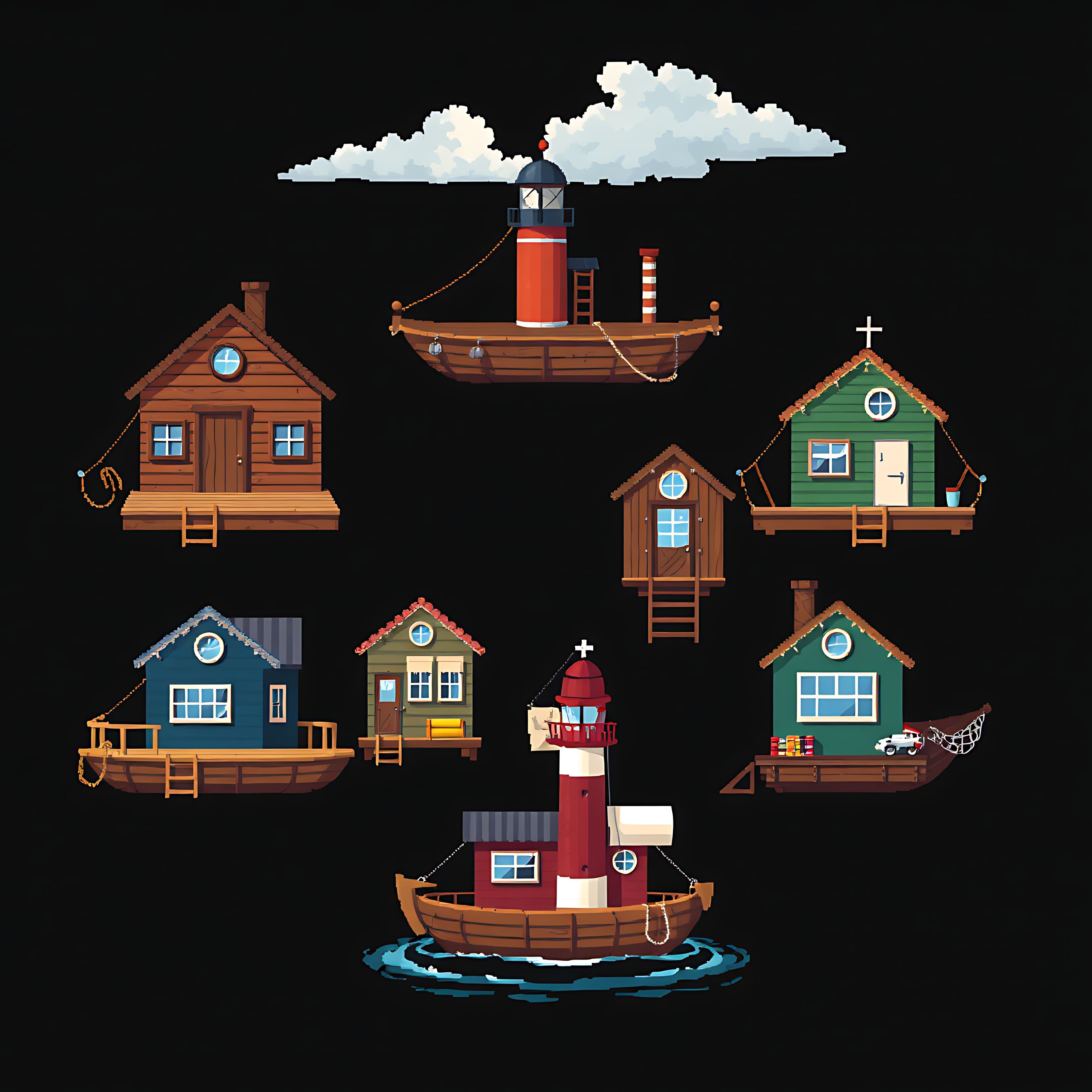 floating river houses with nautical touches. wooden planks porthole windows and rope ladders. 00005 143
