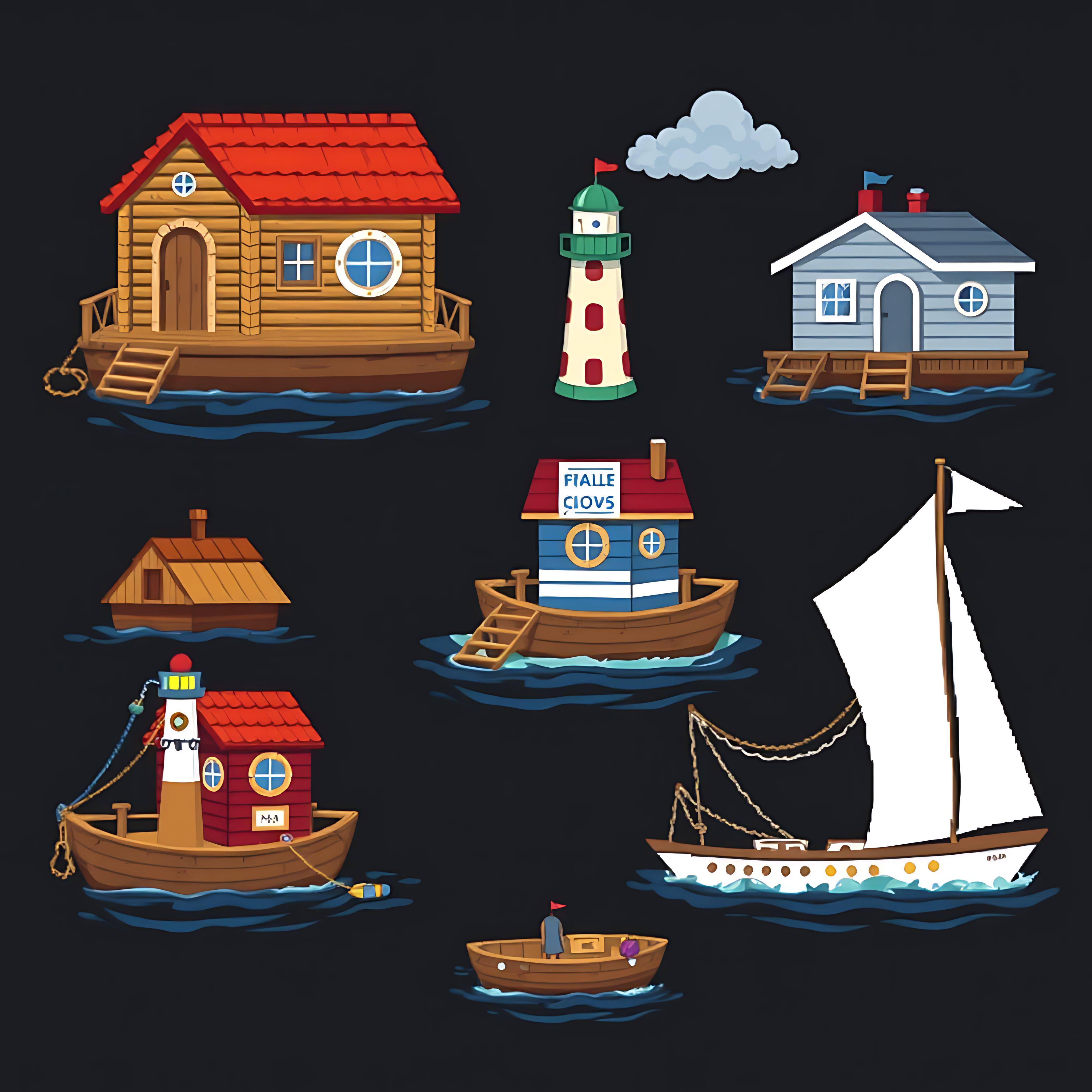 floating river houses with nautical touches. wooden planks porthole windows and rope ladders. 00006 374