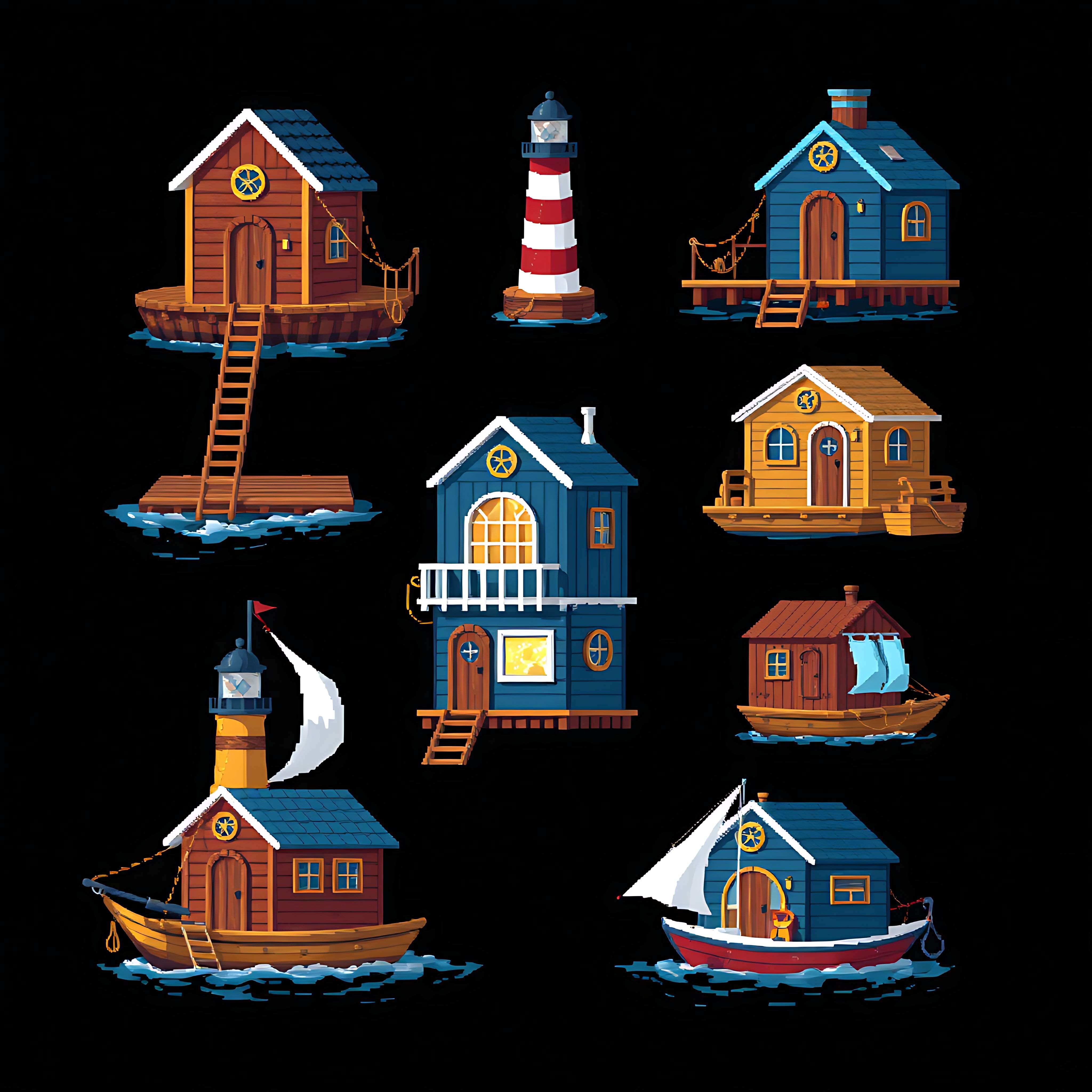 floating river houses with nautical touches. wooden planks porthole windows and rope ladders. lighthouse 00008 367