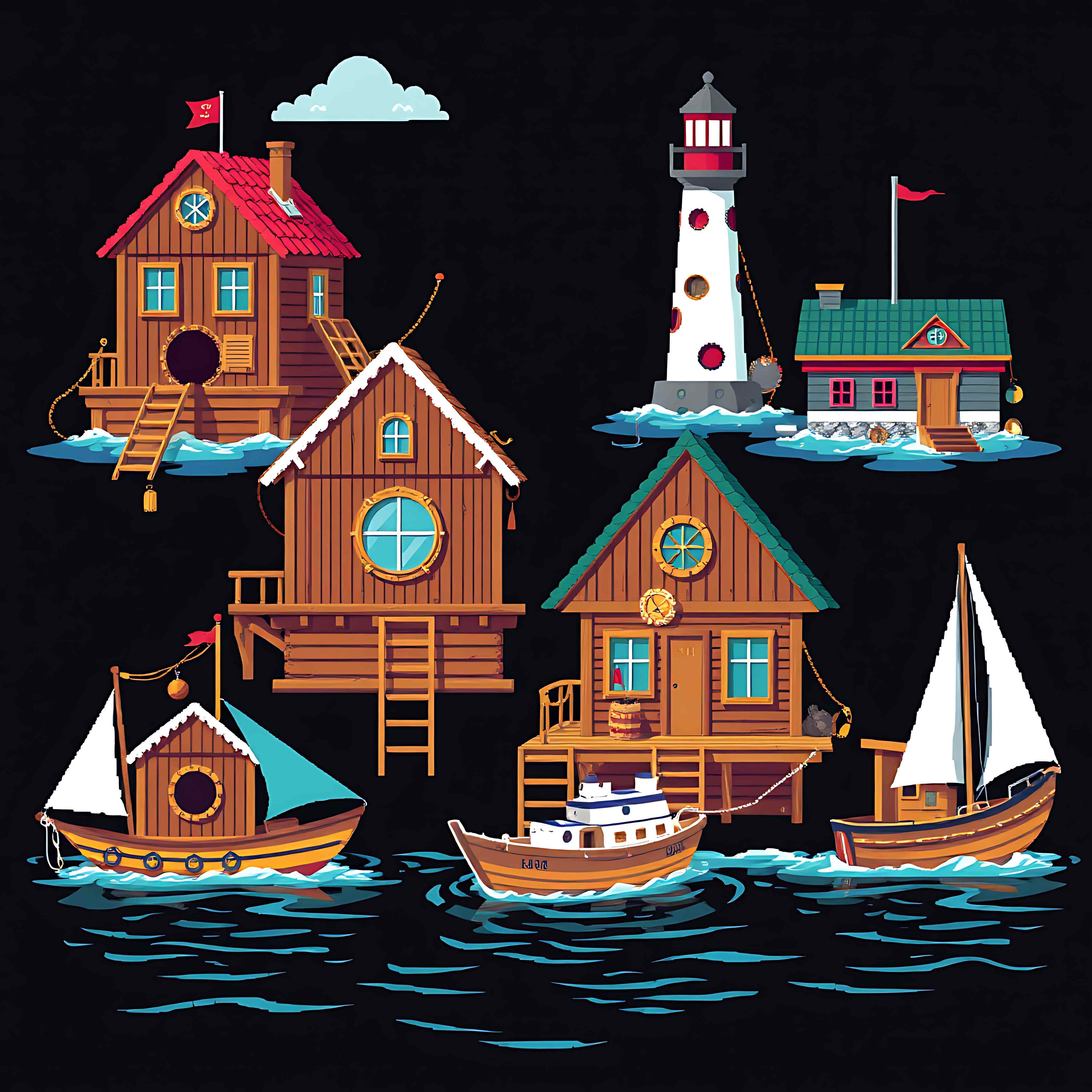 floating river houses with nautical touches. wooden planks porthole windows and rope ladders. lighthouse 03 682