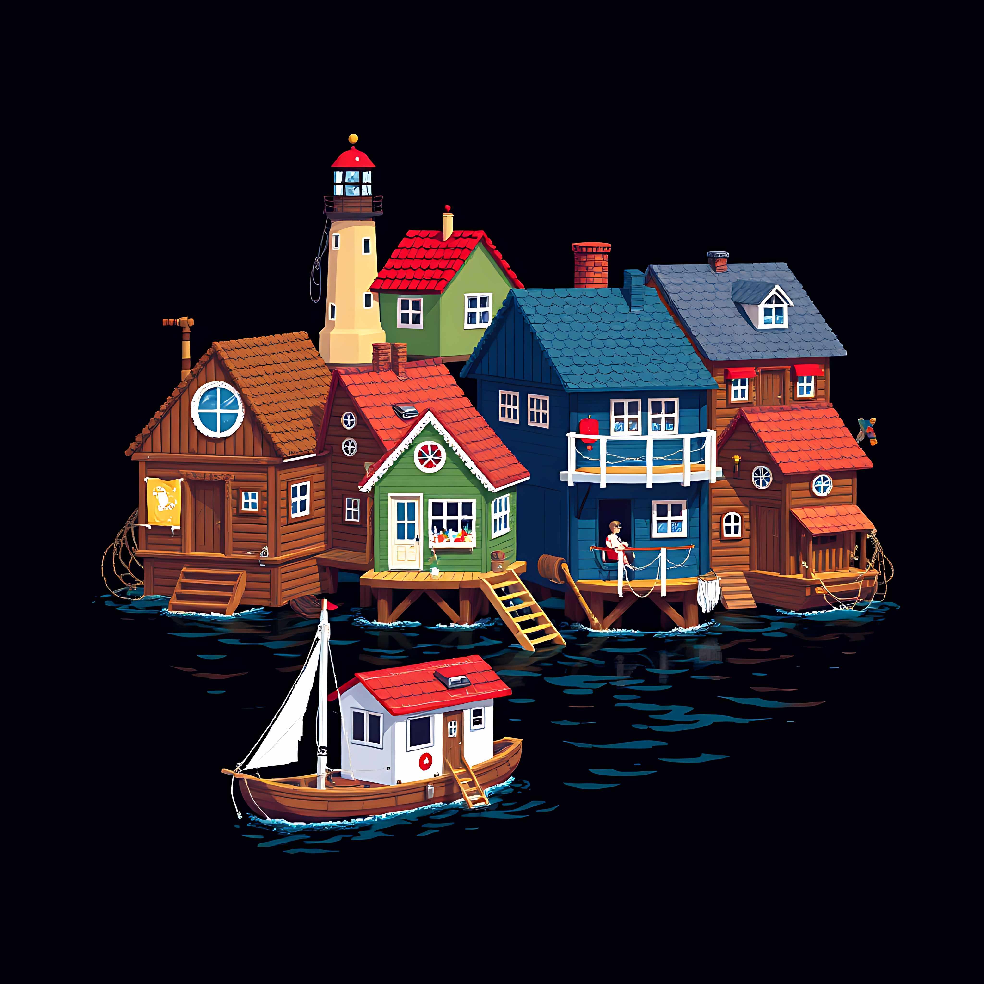 floating river houses with nautical touches. wooden planks porthole windows and rope ladders. lighthouse 04 656