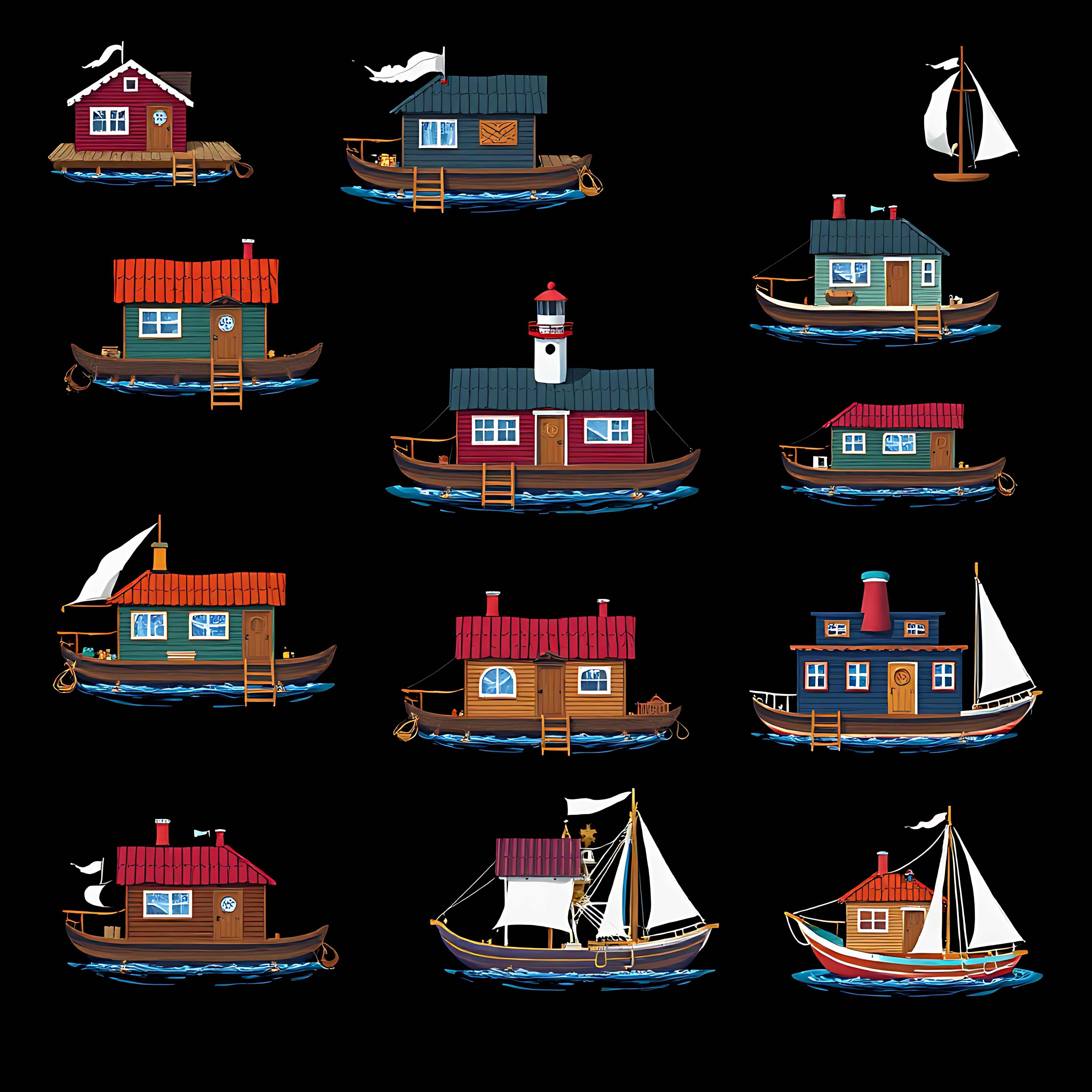 floating river houses with nautical touches. wooden planks porthole windows and rope ladders. lighthouse 05 619