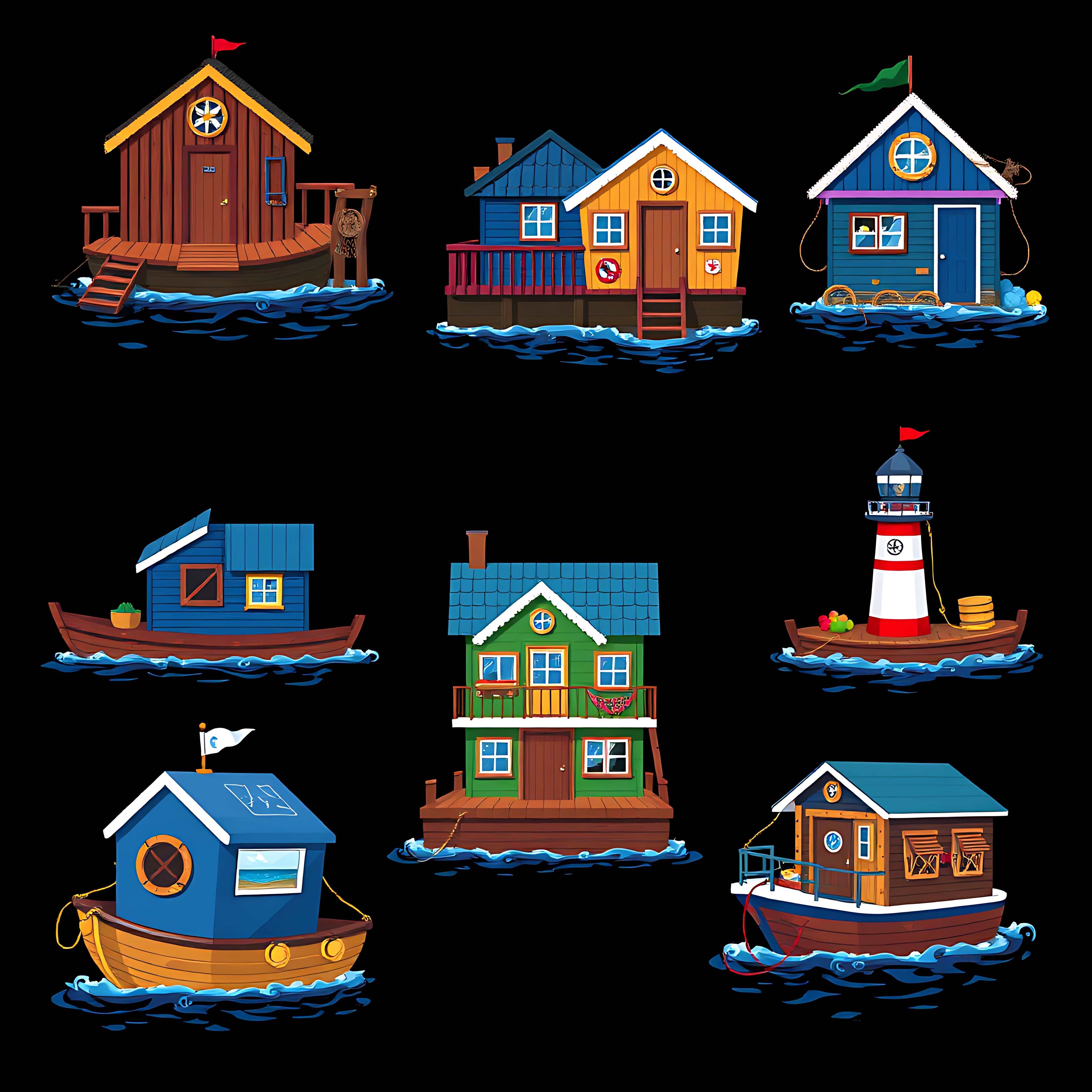 floating river houses with nautical touches. wooden planks porthole windows and rope ladders 00001 510