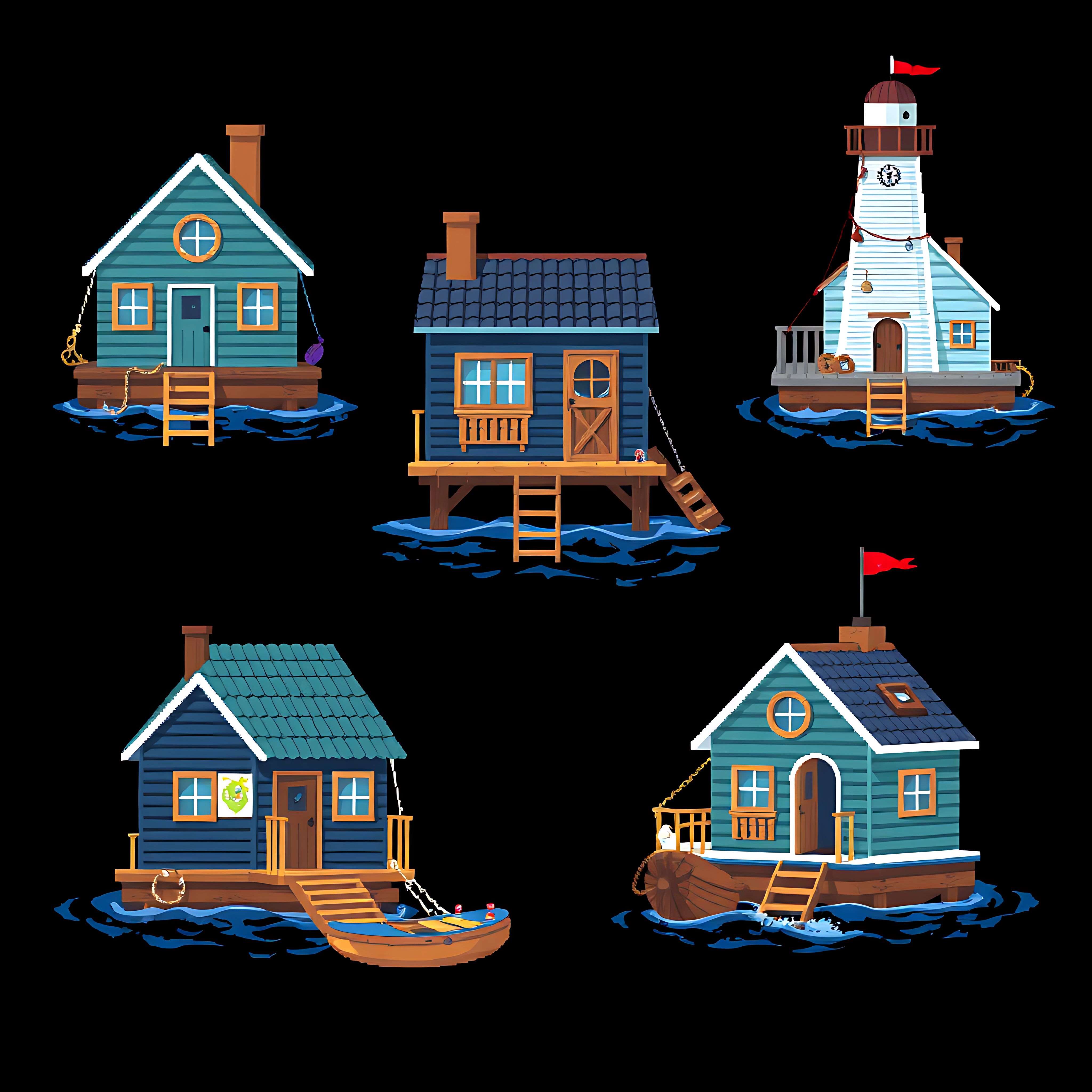 floating river houses with nautical touches. wooden planks porthole windows and rope ladders 00002 542