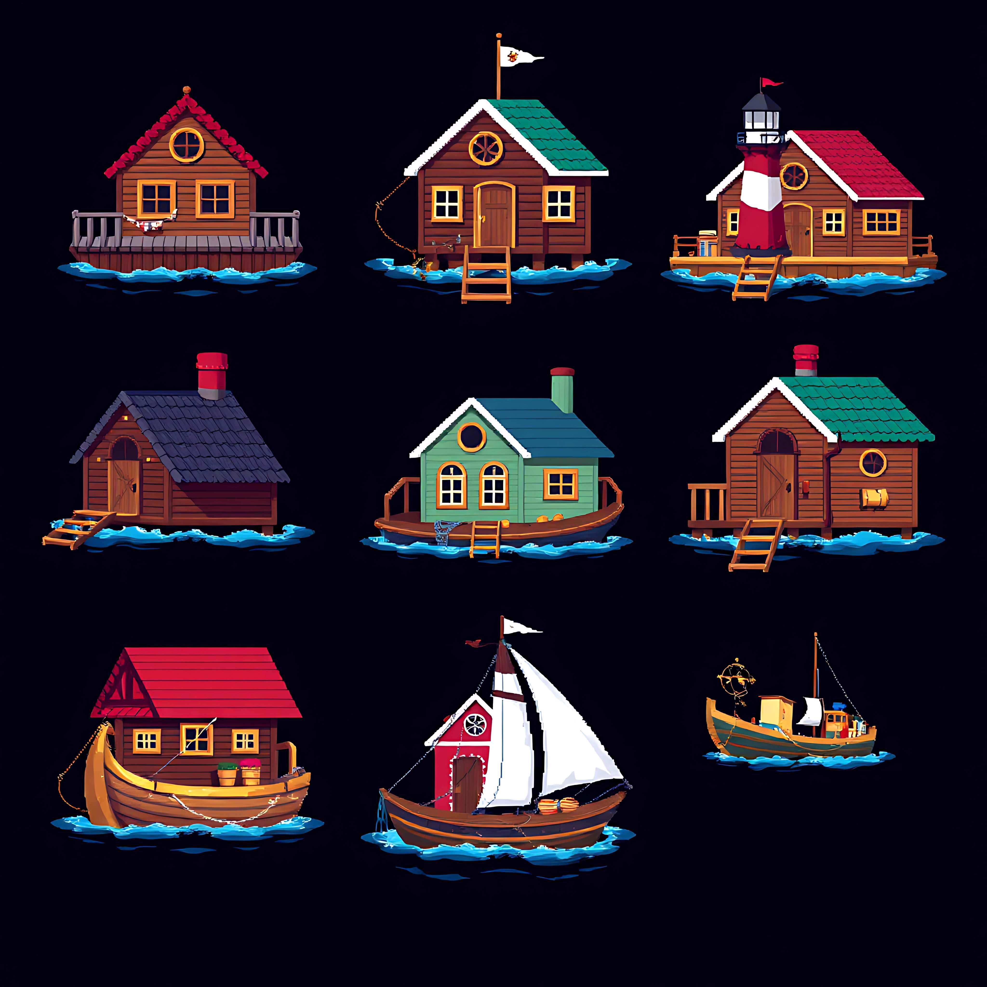 floating river houses with nautical touches. wooden planks porthole windows and rope ladders 00007 421
