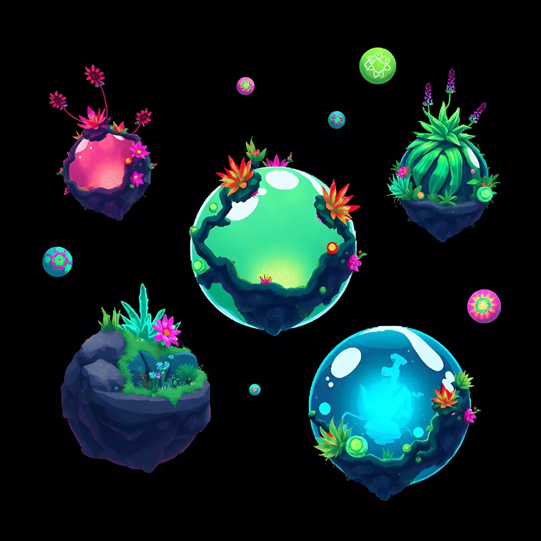 Floating Bioluminescent Spheres PNG Bundle – Alien Flora & Sci-Fi Glow Design preview image.