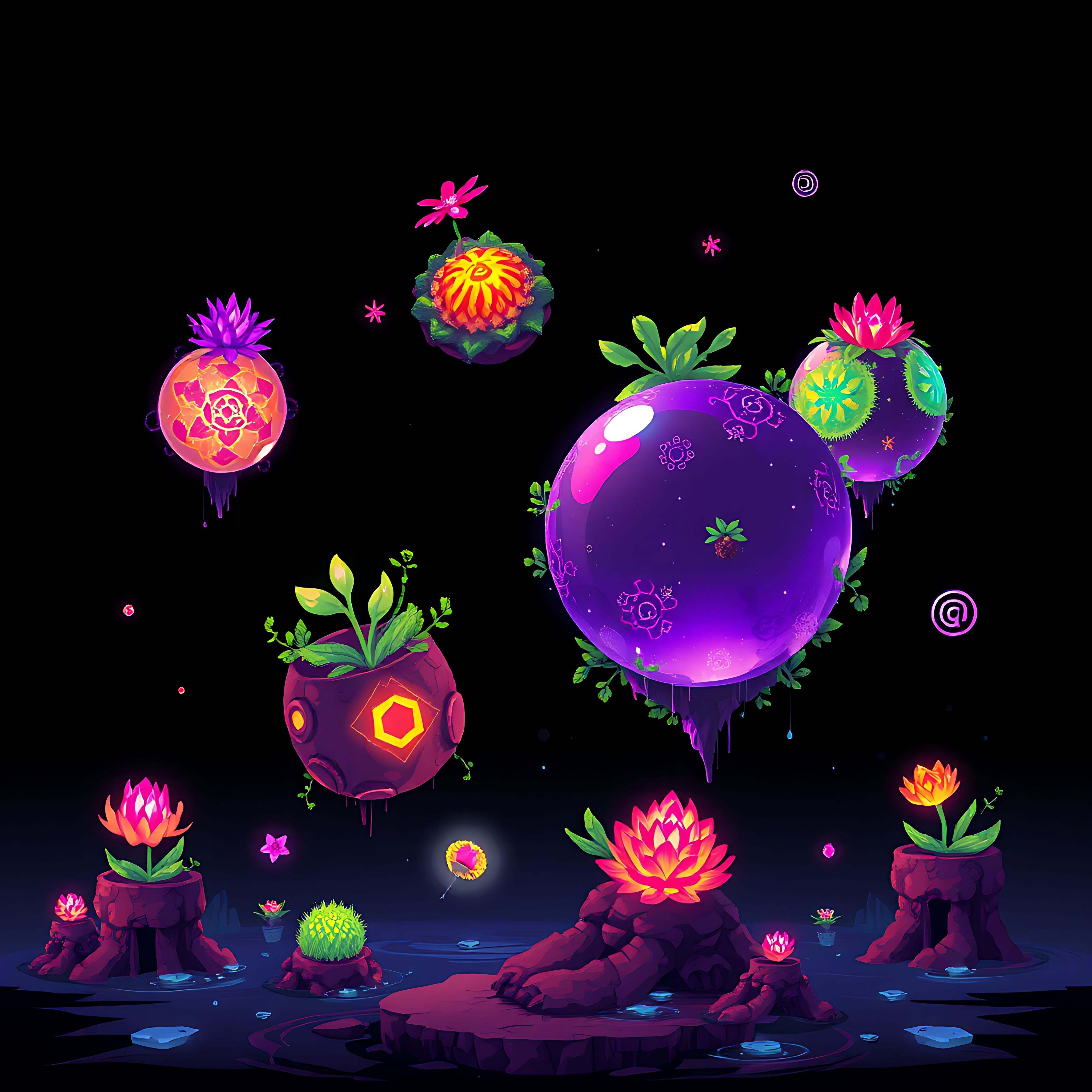 floating spheres with alien flora. spheres hover effortlessly exterior adorned with bioluminescent plants 03 516