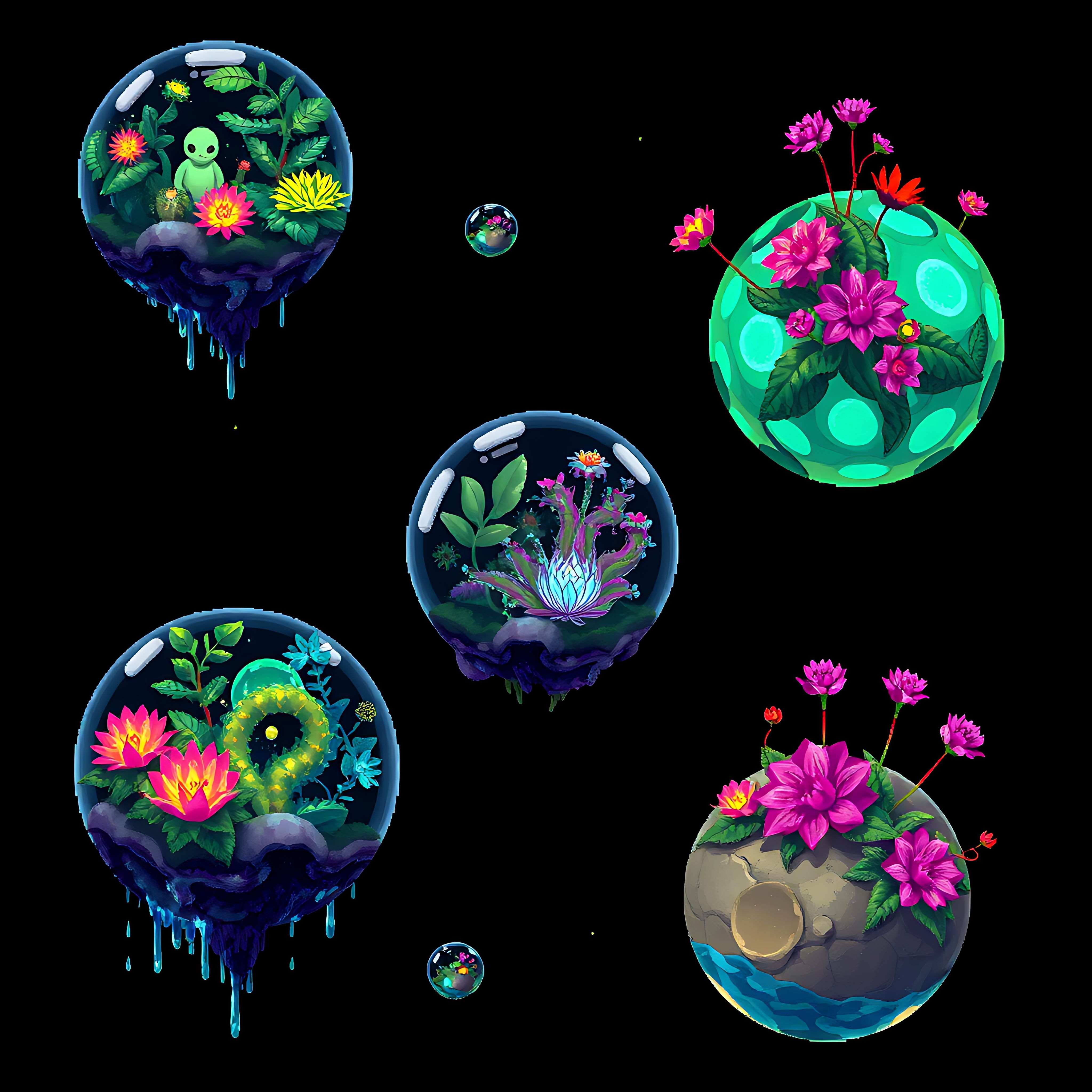 floating spheres with alien flora. spheres hover effortlessly exterior adorned with bioluminescent plants 04 560