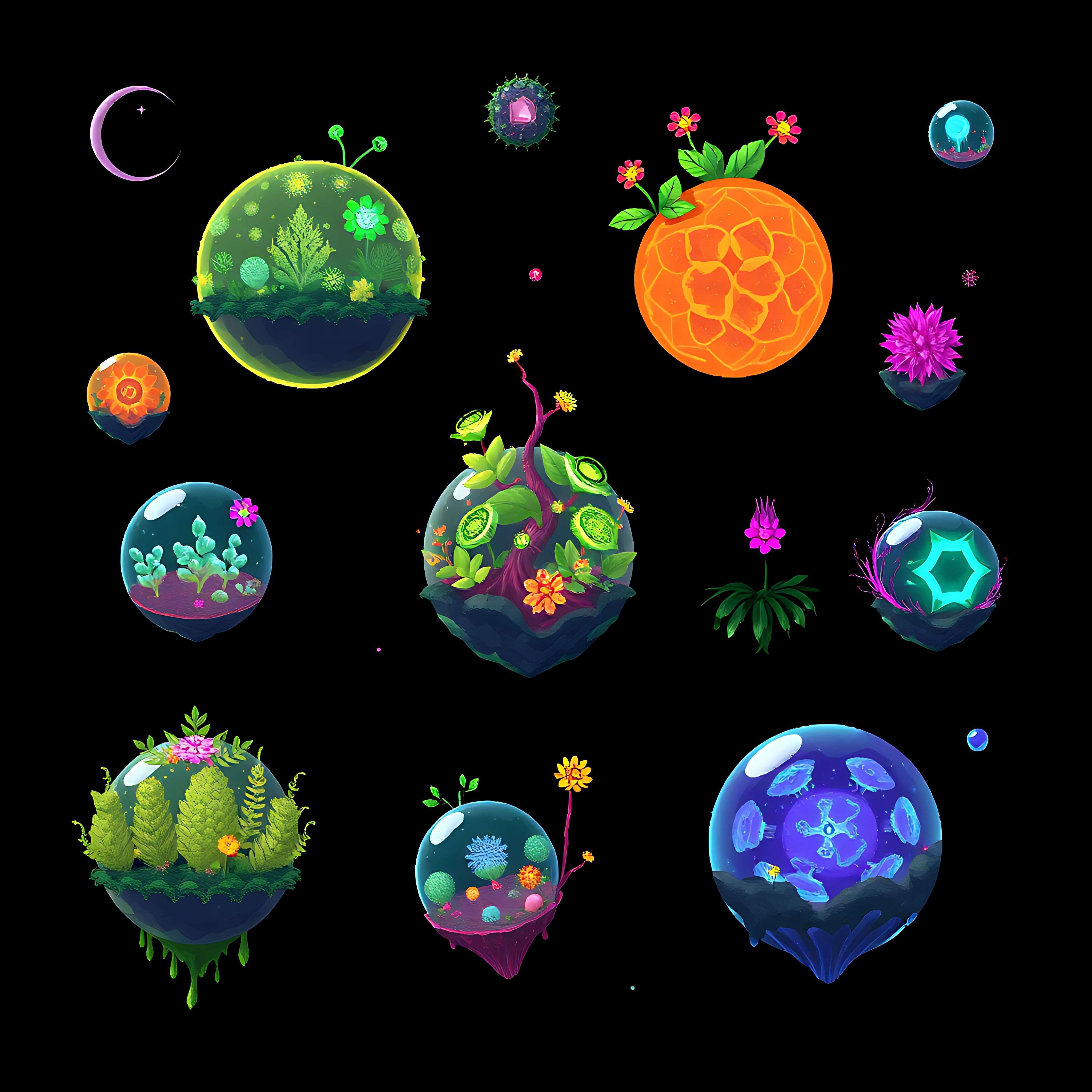 floating spheres with alien flora. spheres hover effortlessly exterior adorned with bioluminescent plants 05 101