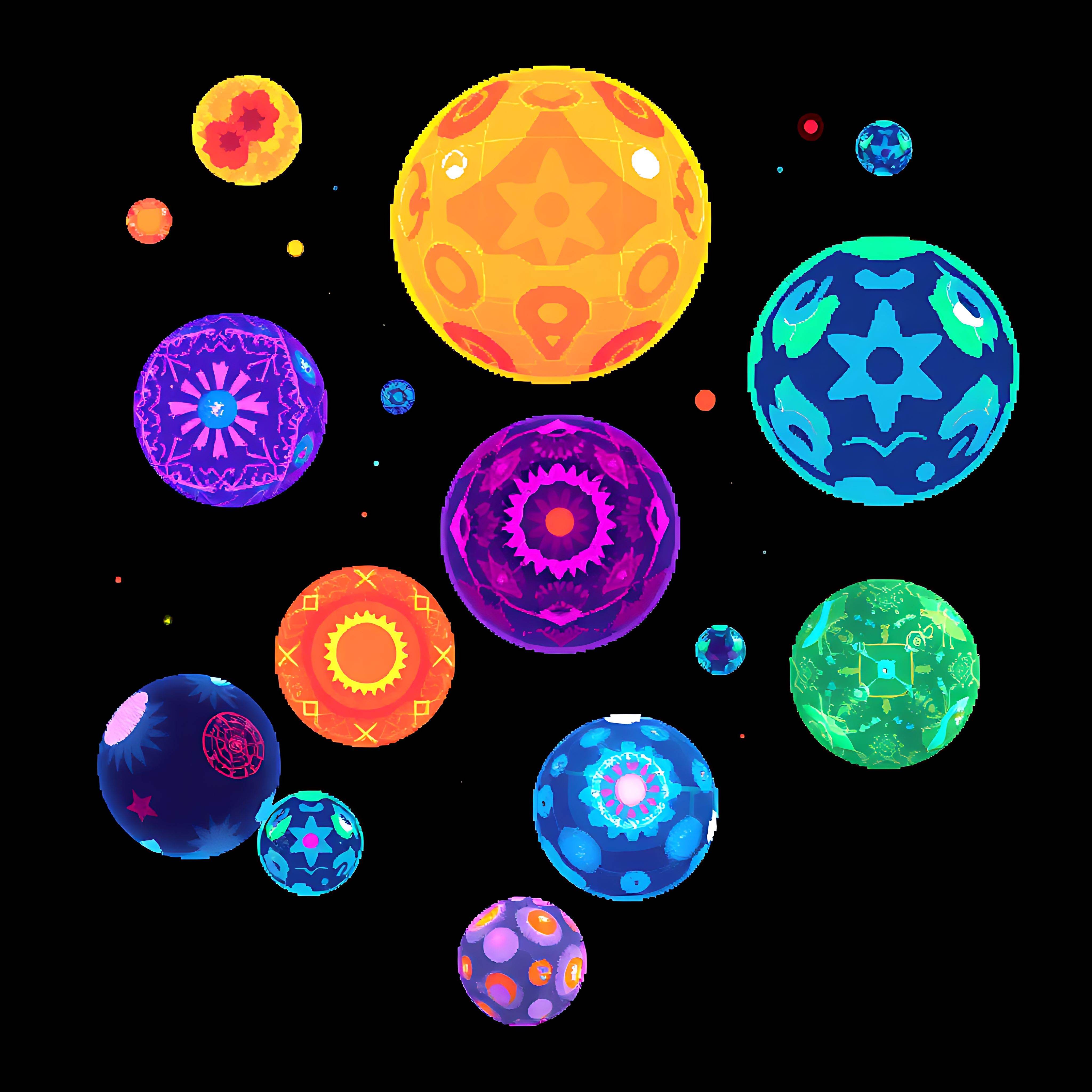 floating spheres with cosmic decor. spheres hover effortlessly exterior reflects the night sky decorated 12 564