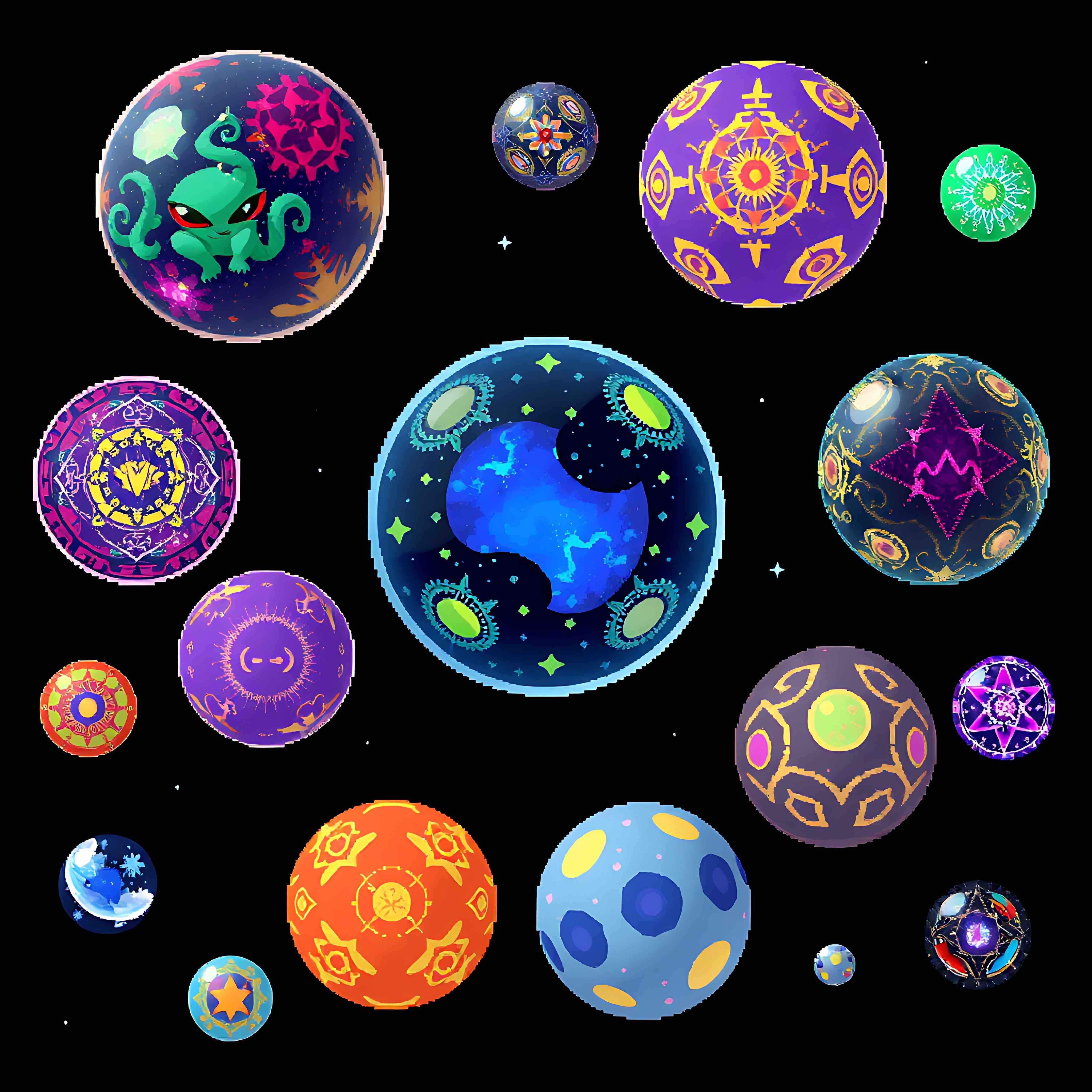 floating spheres with cosmic decor. spheres hover effortlessly exterior reflects the night sky decorated 13 625