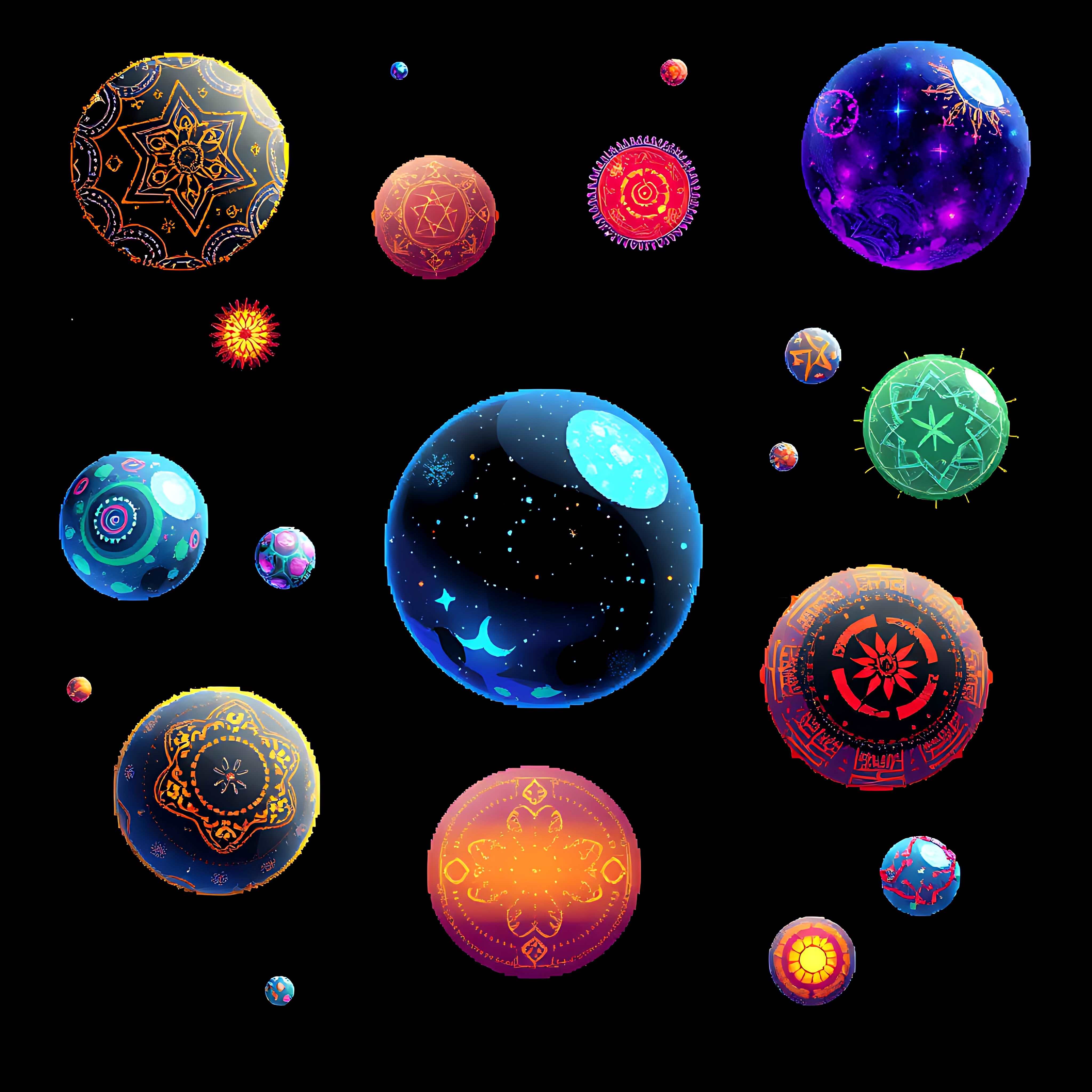 floating spheres with cosmic decor. spheres hover effortlessly exterior reflects the night sky decorated 14 810