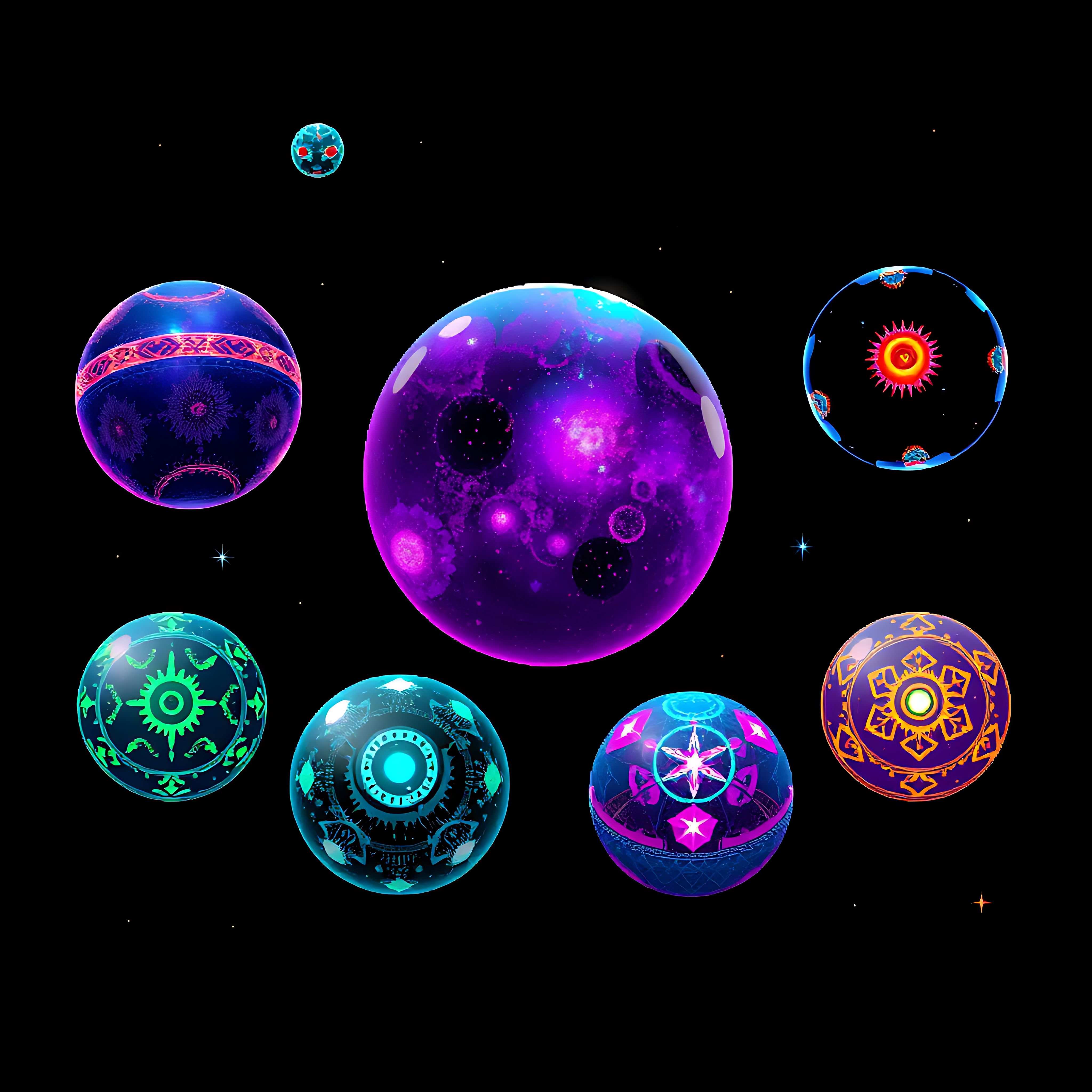floating spheres with cosmic decor. spheres hover effortlessly exterior reflects the night sky decorated 15 625